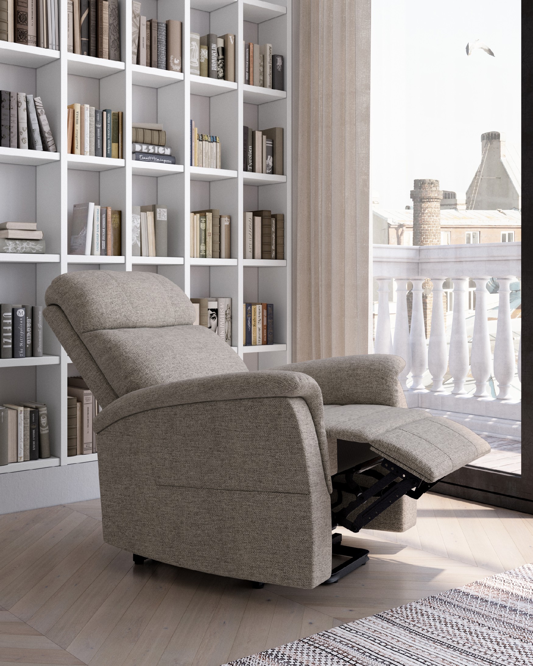 Fauteuil relax manuel Mia avec tapisserie perle et pied en métal noir
