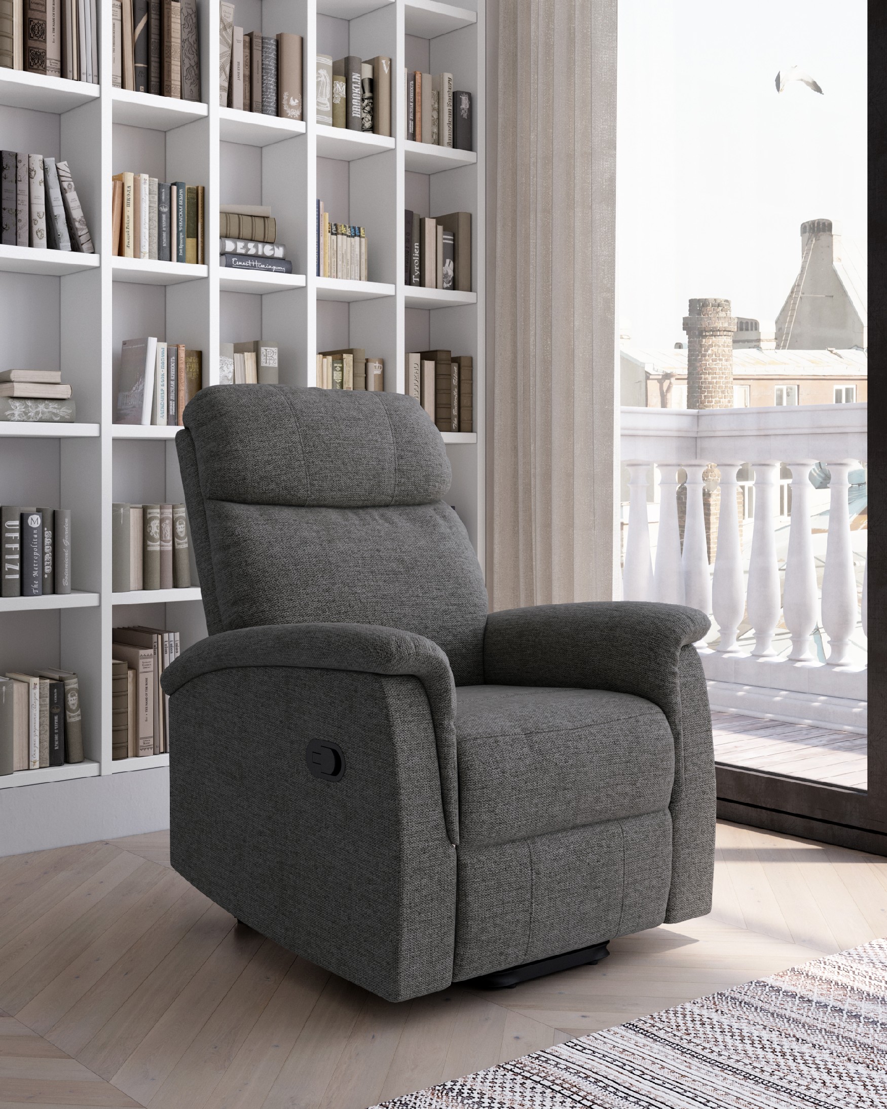 Manual recliner chair Mia with slate upholstery and black metal leg
