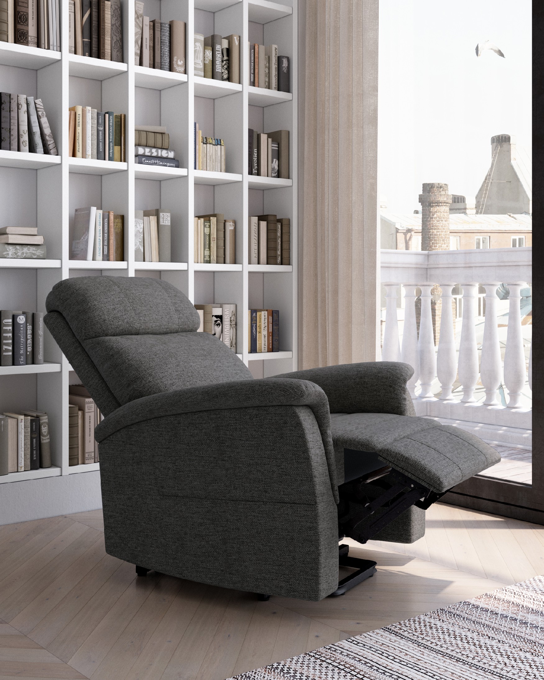 Manual recliner chair Mia with slate upholstery and black metal leg