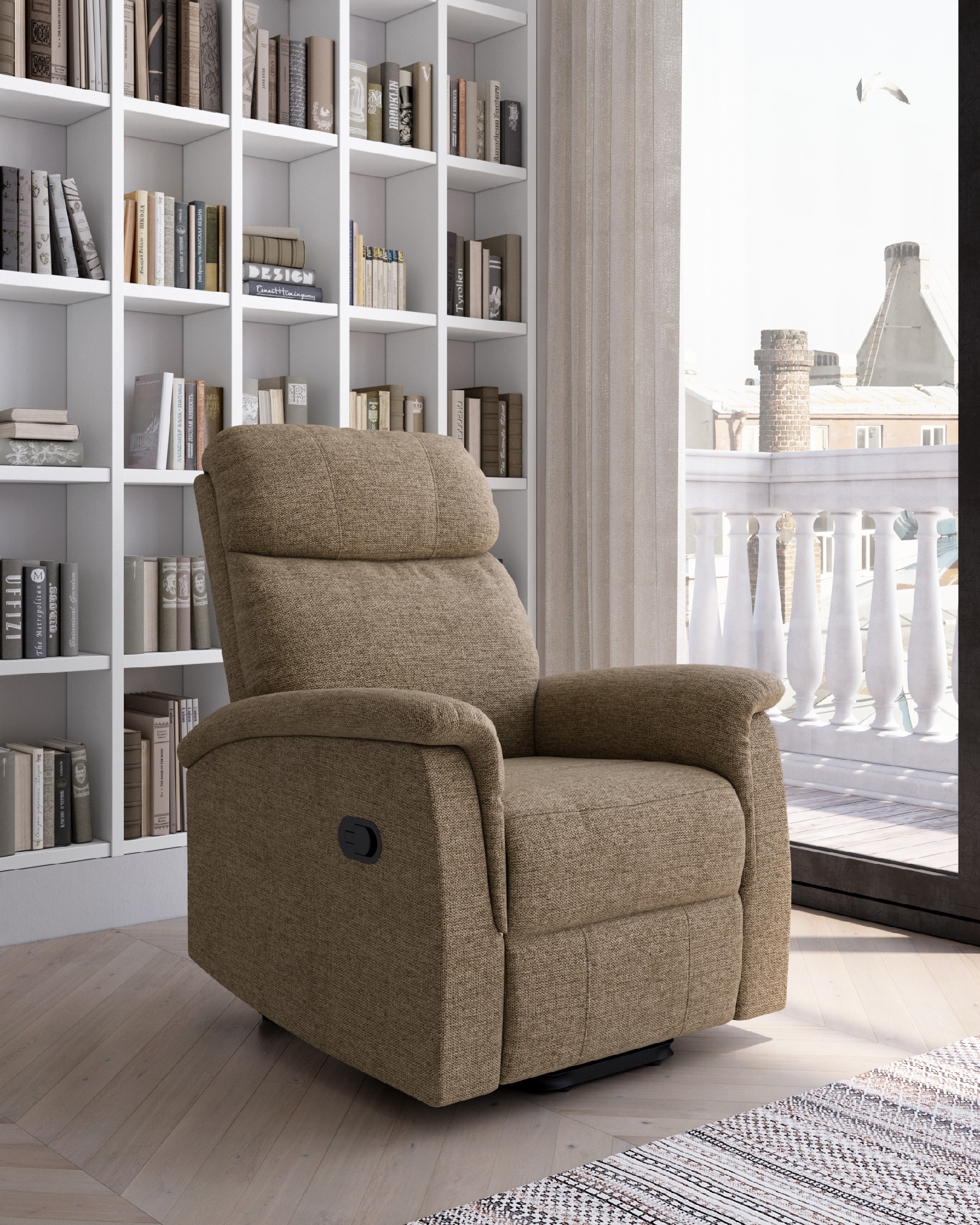 Manual recliner chair Mia with earth upholstery and black metal leg