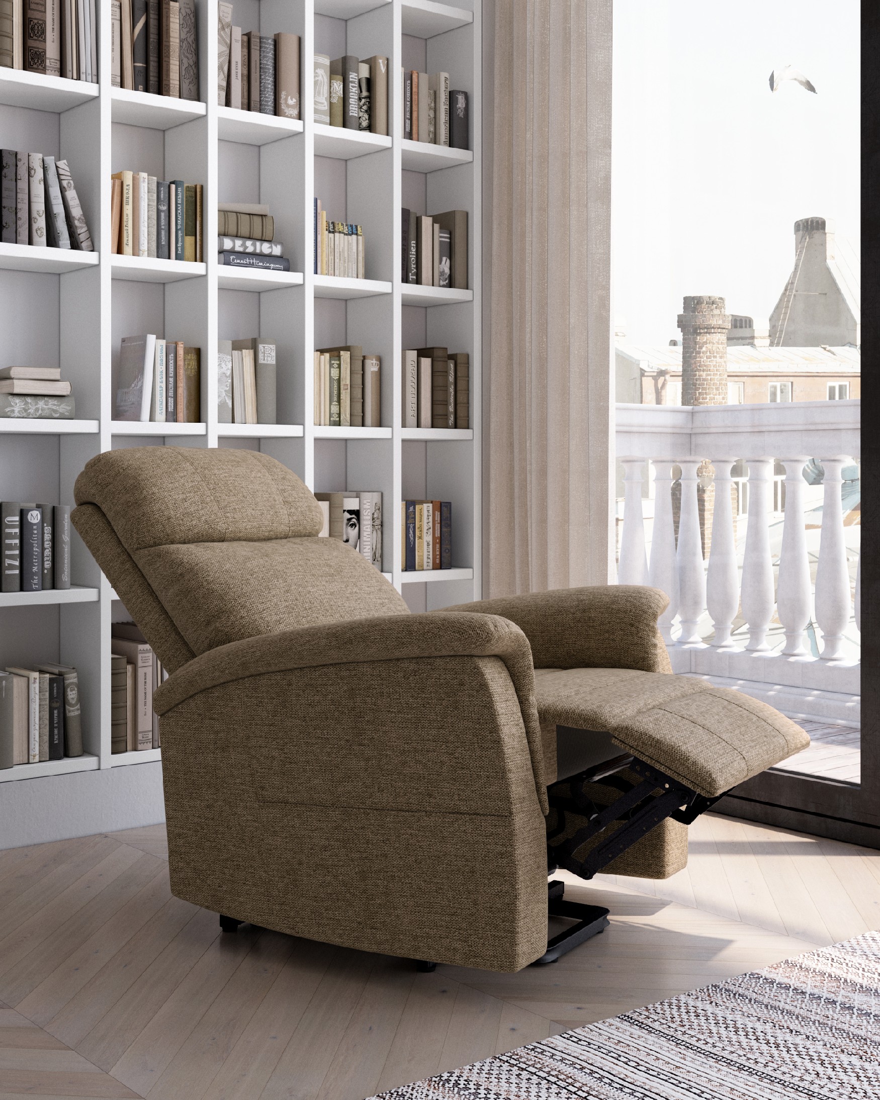 Manual recliner chair Mia with earth upholstery and black metal leg