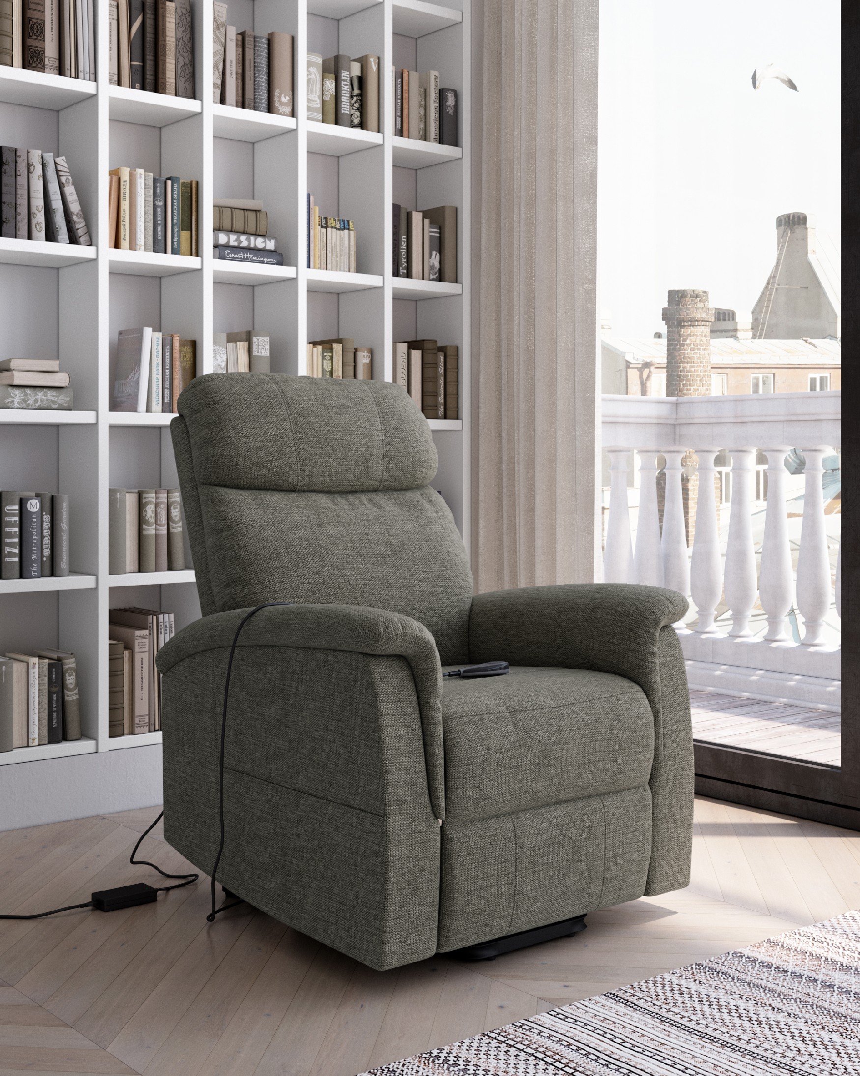 Electric recliner chair power lift Mia with gray upholstery and black metal leg