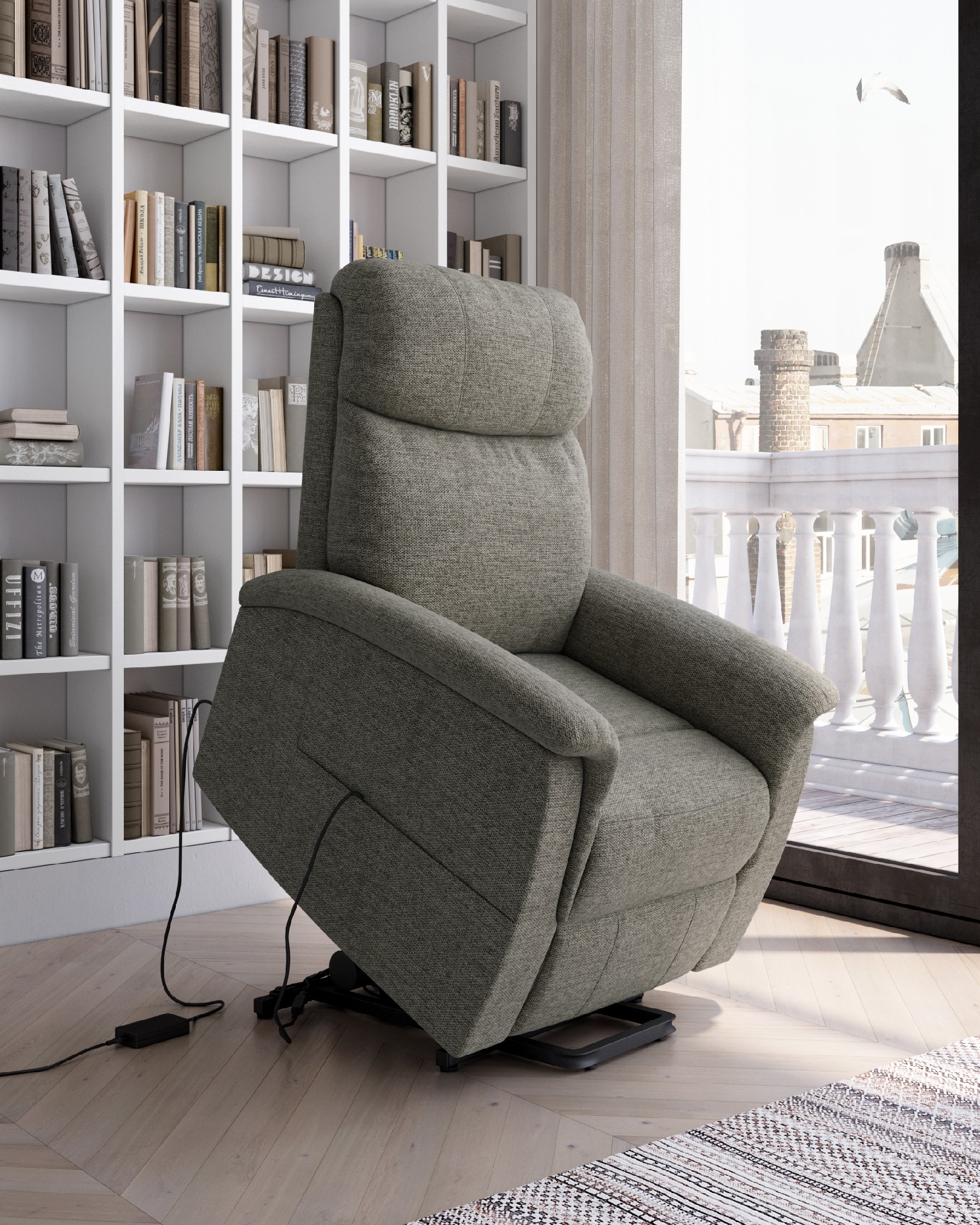Electric recliner chair power lift Mia with gray upholstery and black metal leg