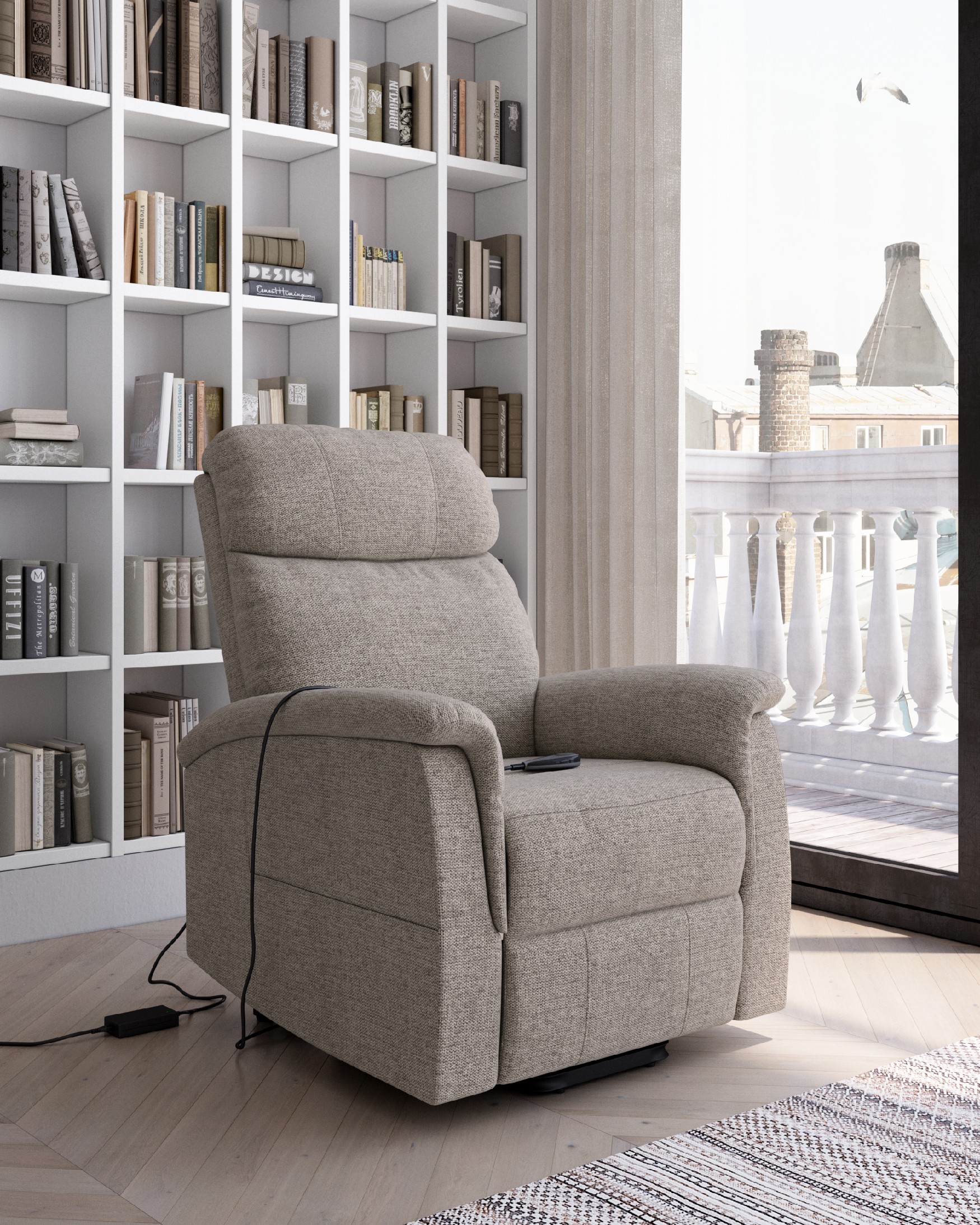 Fauteuil relax électrique power lift Mia avec tapisserie perle et pied en métal noir