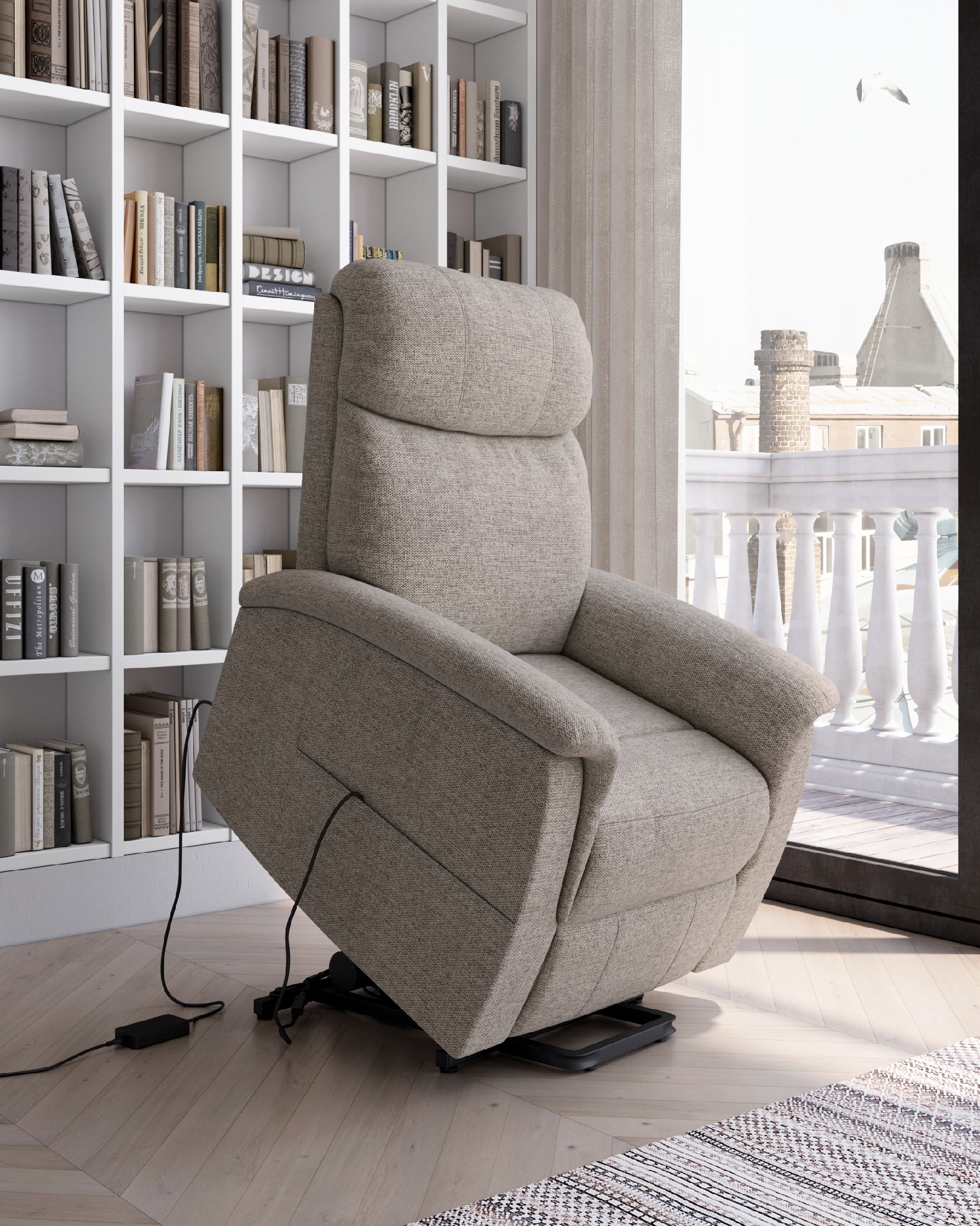 Fauteuil relax électrique power lift Mia avec tapisserie perle et pied en métal noir