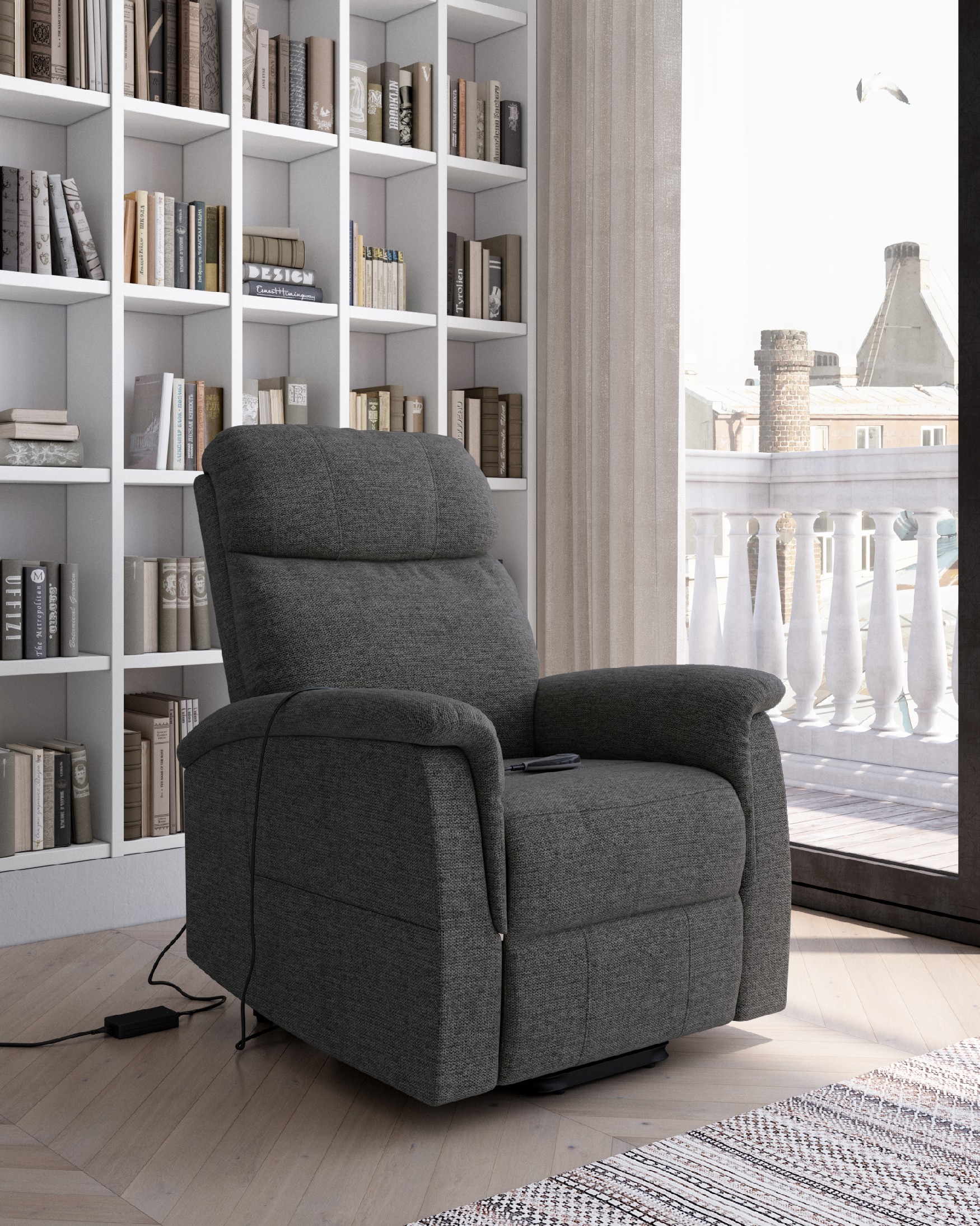 Electric recliner chair power lift Mia with slate upholstery and black metal leg