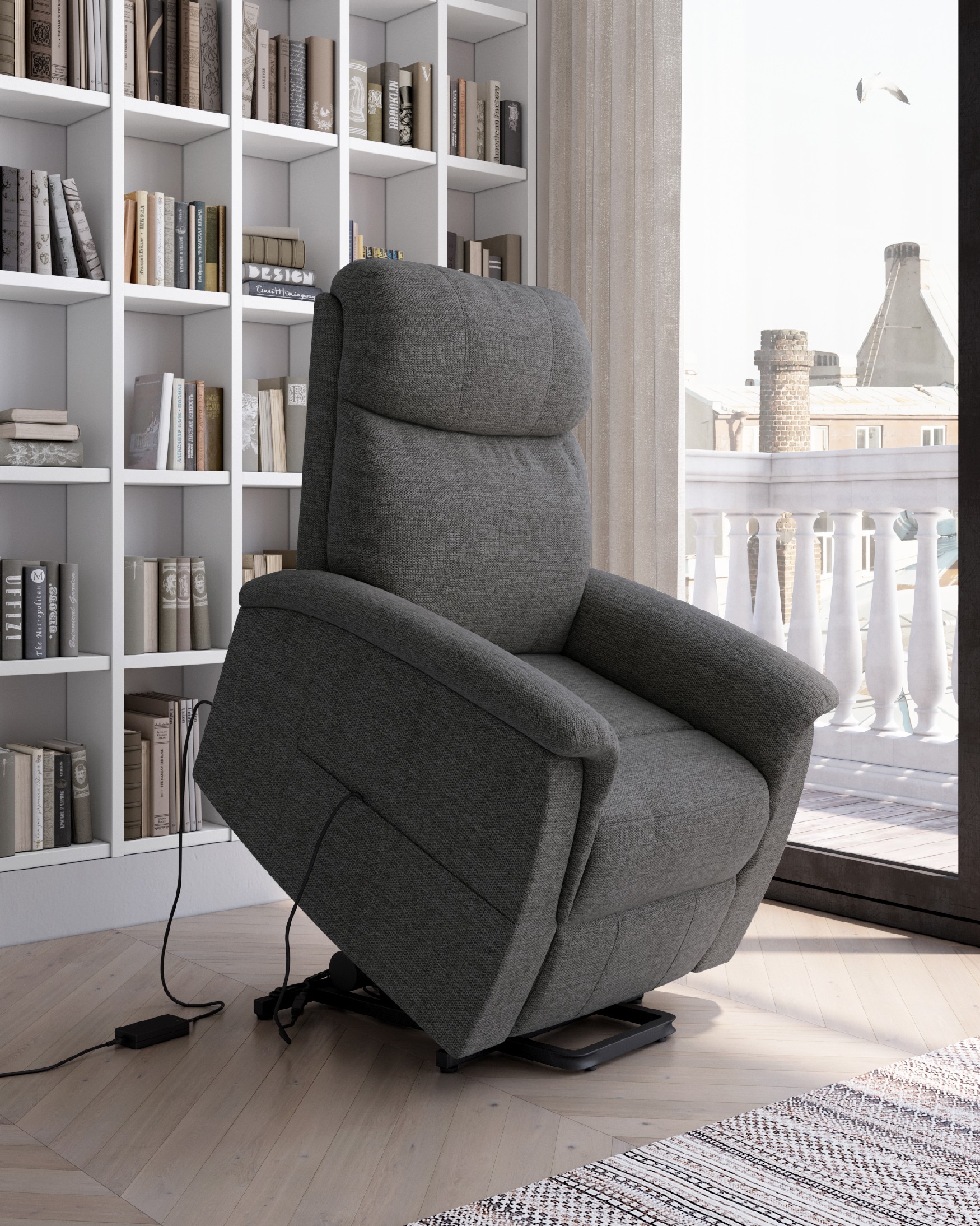 Electric recliner chair power lift Mia with slate upholstery and black metal leg