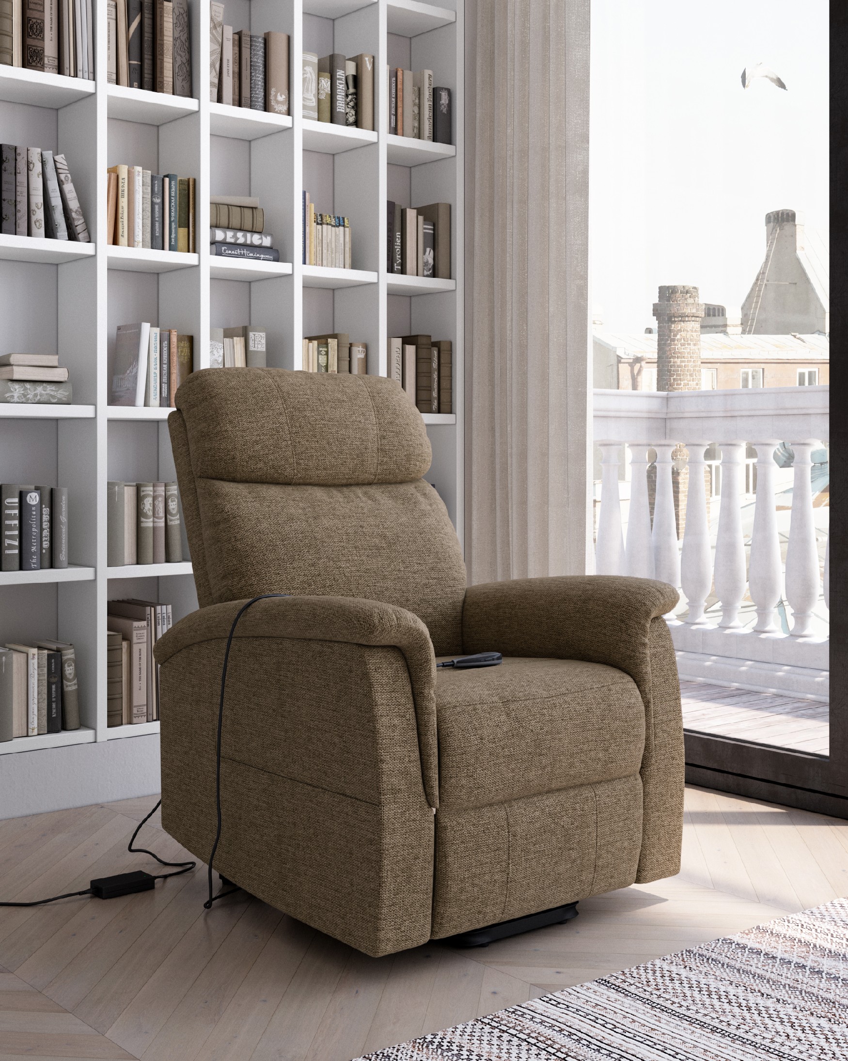 Electric recliner chair power lift Mia with earth upholstery and black metal leg
