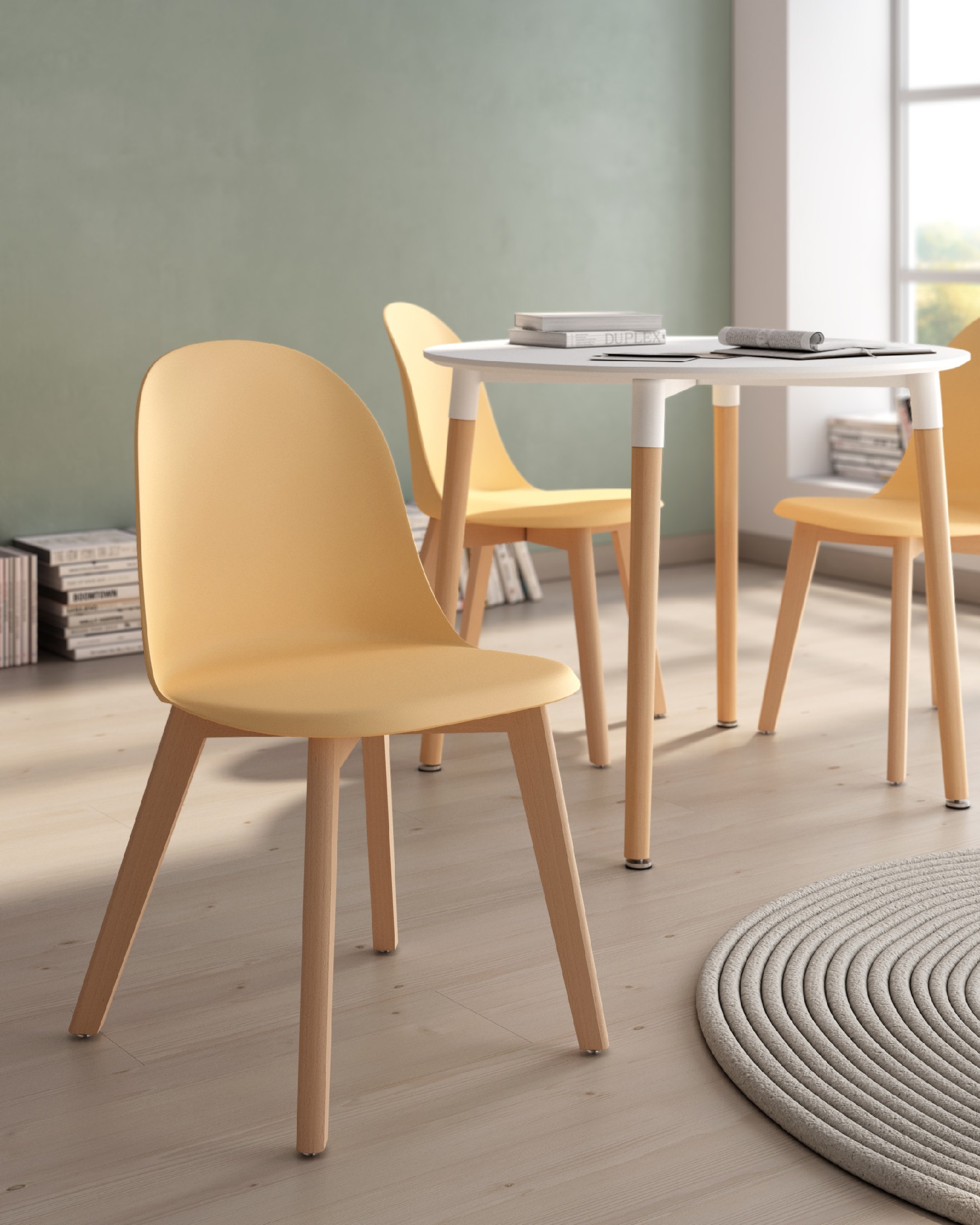 Miami chair with wooden legs and yellow upholstery