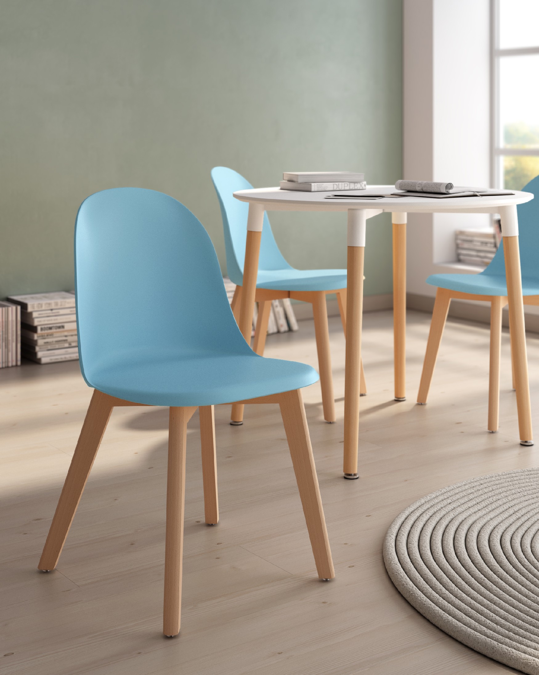 Miami chair with wooden legs and sky upholstery
