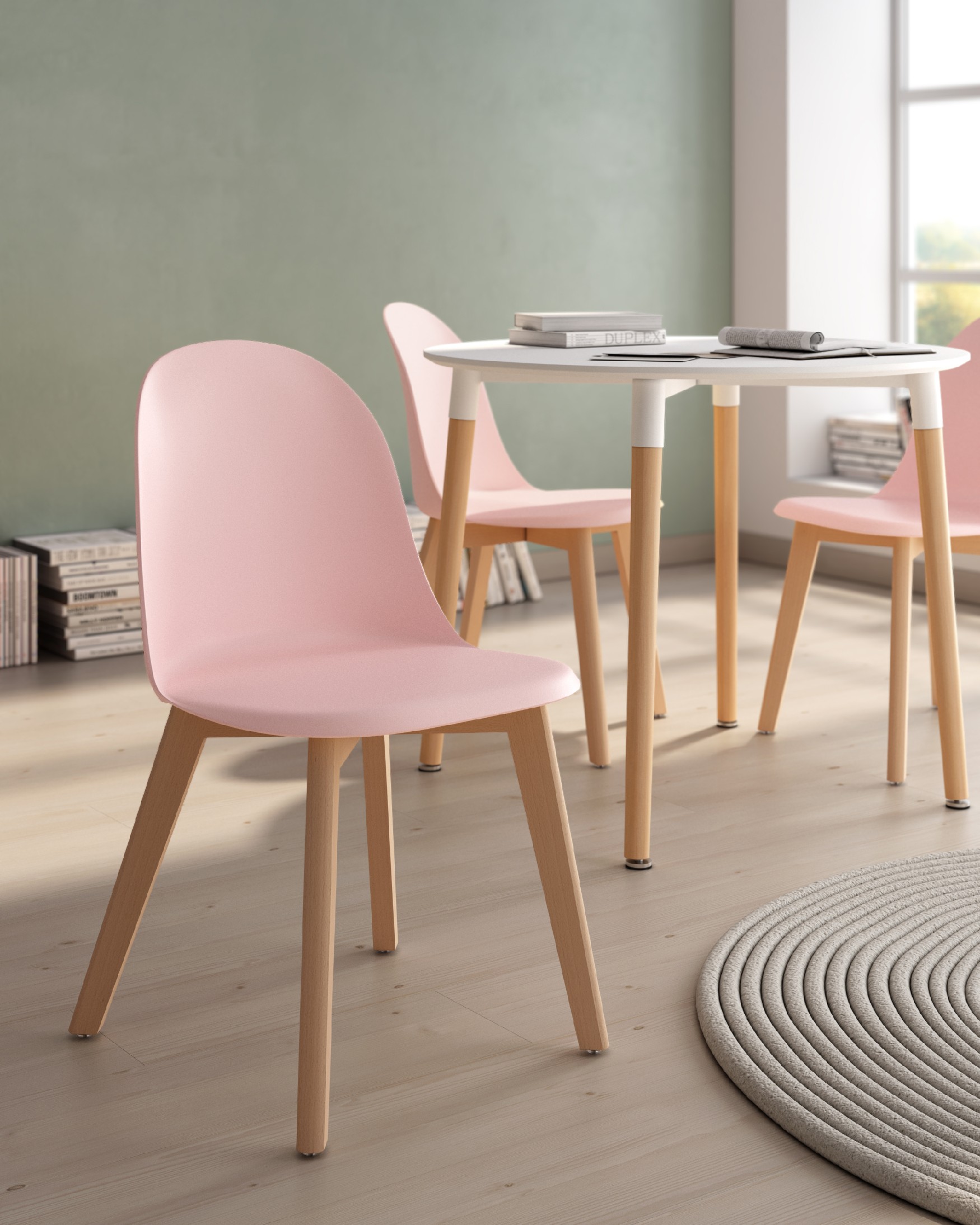 Miami chair with wooden legs and pink upholstery