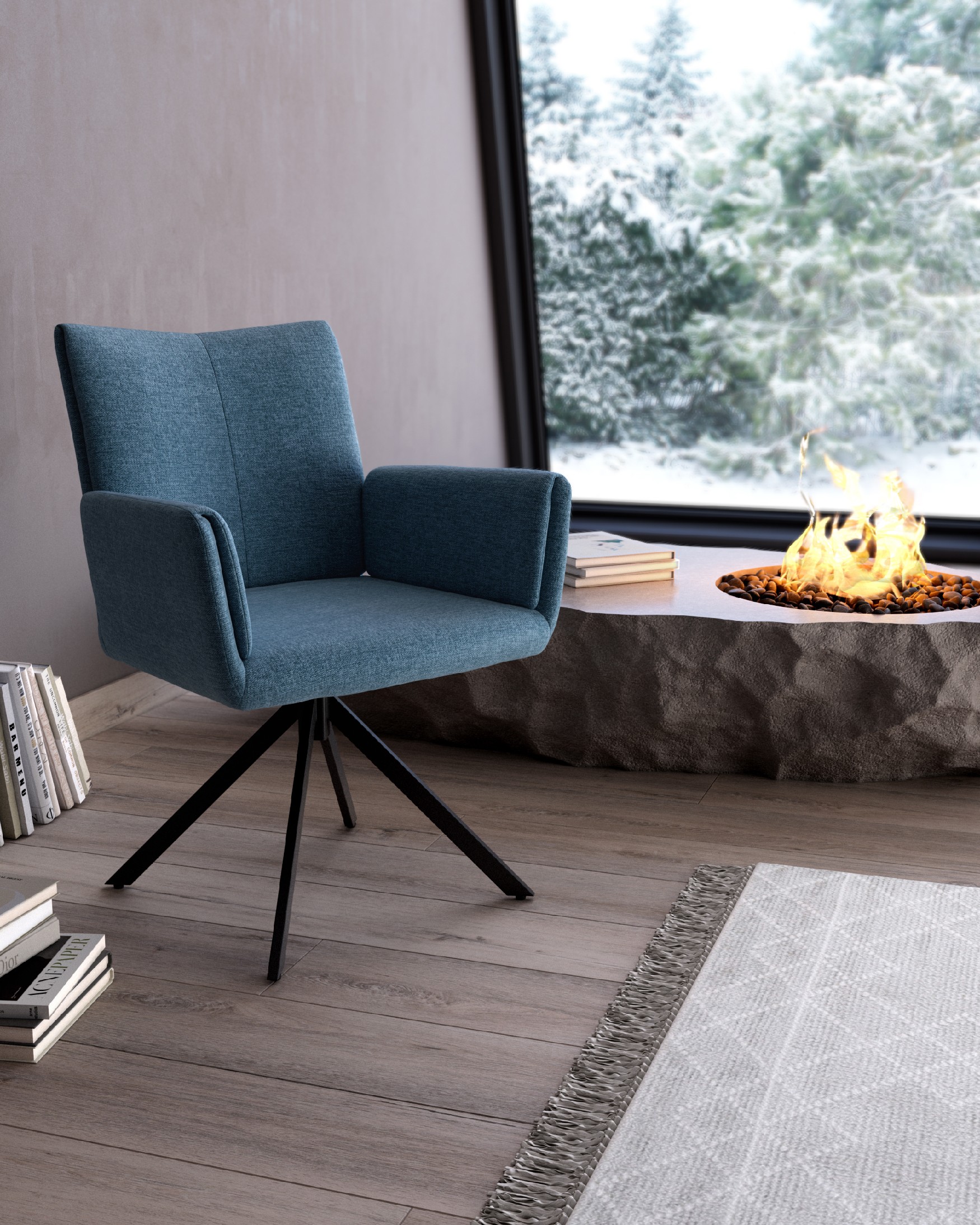Silla Modena giratoria 180º con función return, tapizado azul y patas metálicas negras