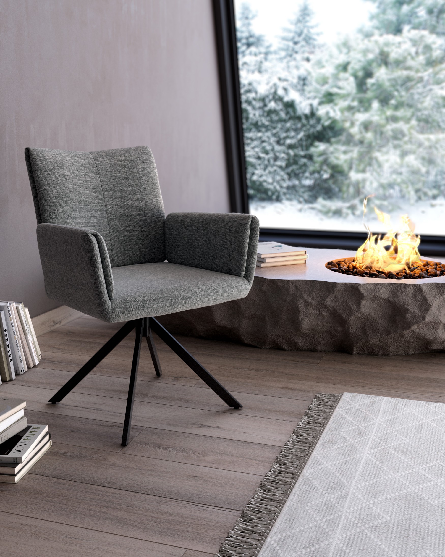 Modena swivel chair 180º with return function, grey upholstery, and black metal legs