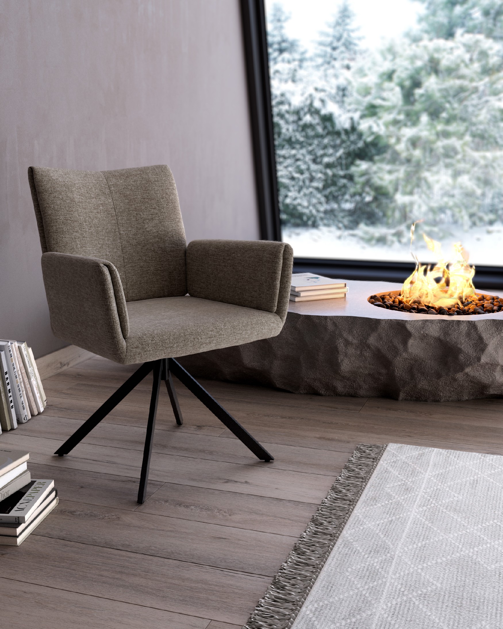 Silla Modena giratoria 180º con función return, tapizado marron y patas metálicas negras