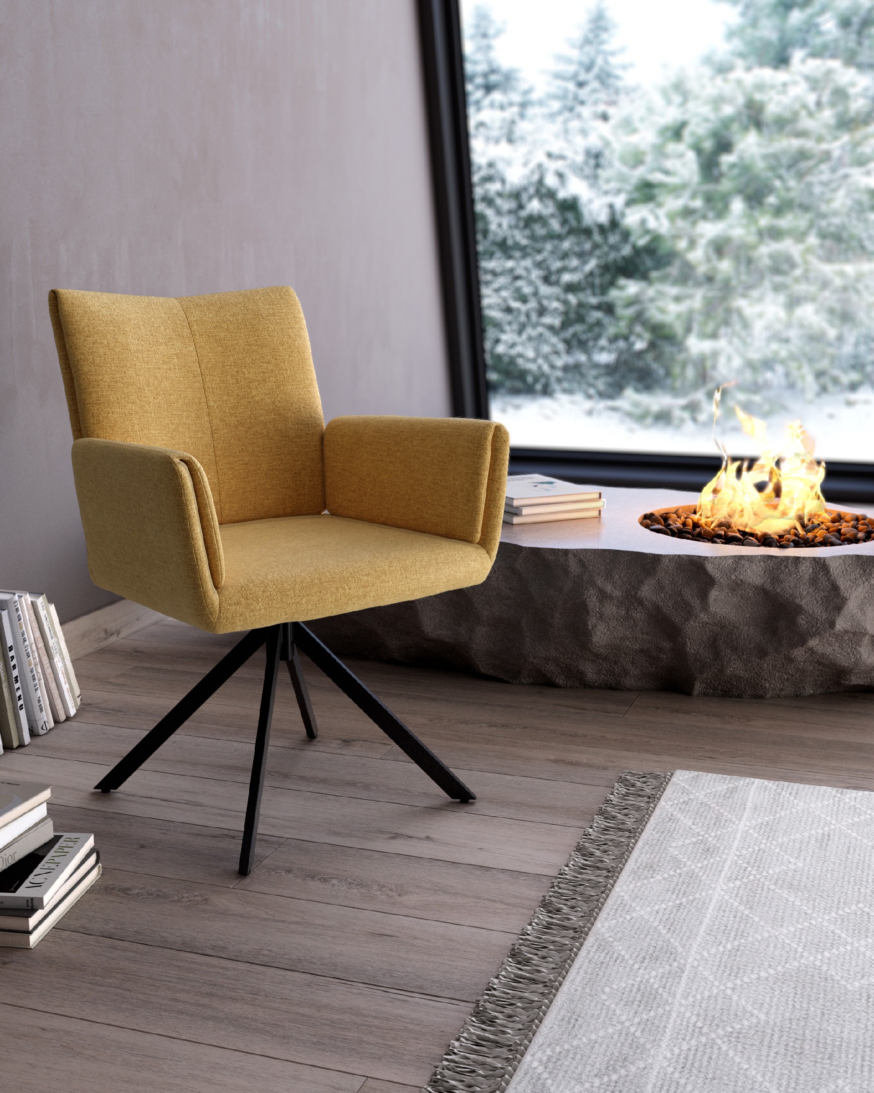 Modena swivel chair 180º with return function, mustard upholstery and black metal legs