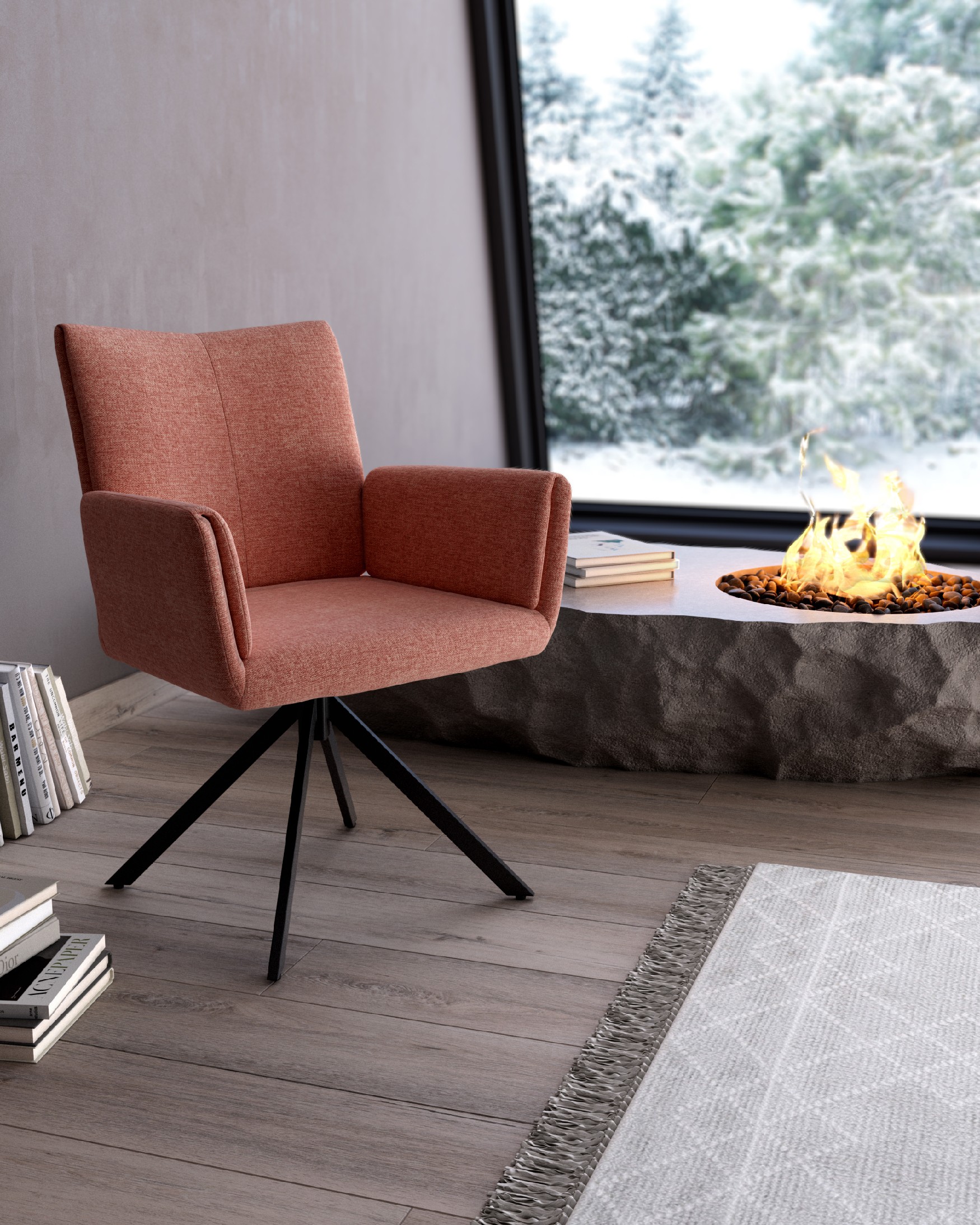 Modena swivel chair 180º with return function, salmon upholstery, and black metal legs