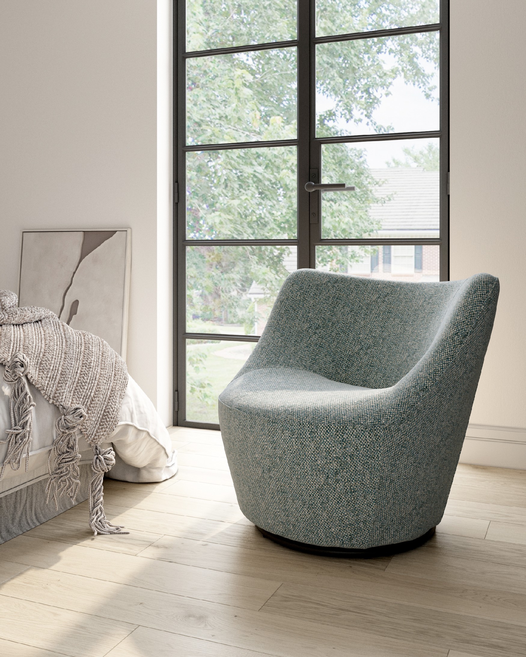 Fauteuil pivotant 360º Moma avec tapisserie bleue