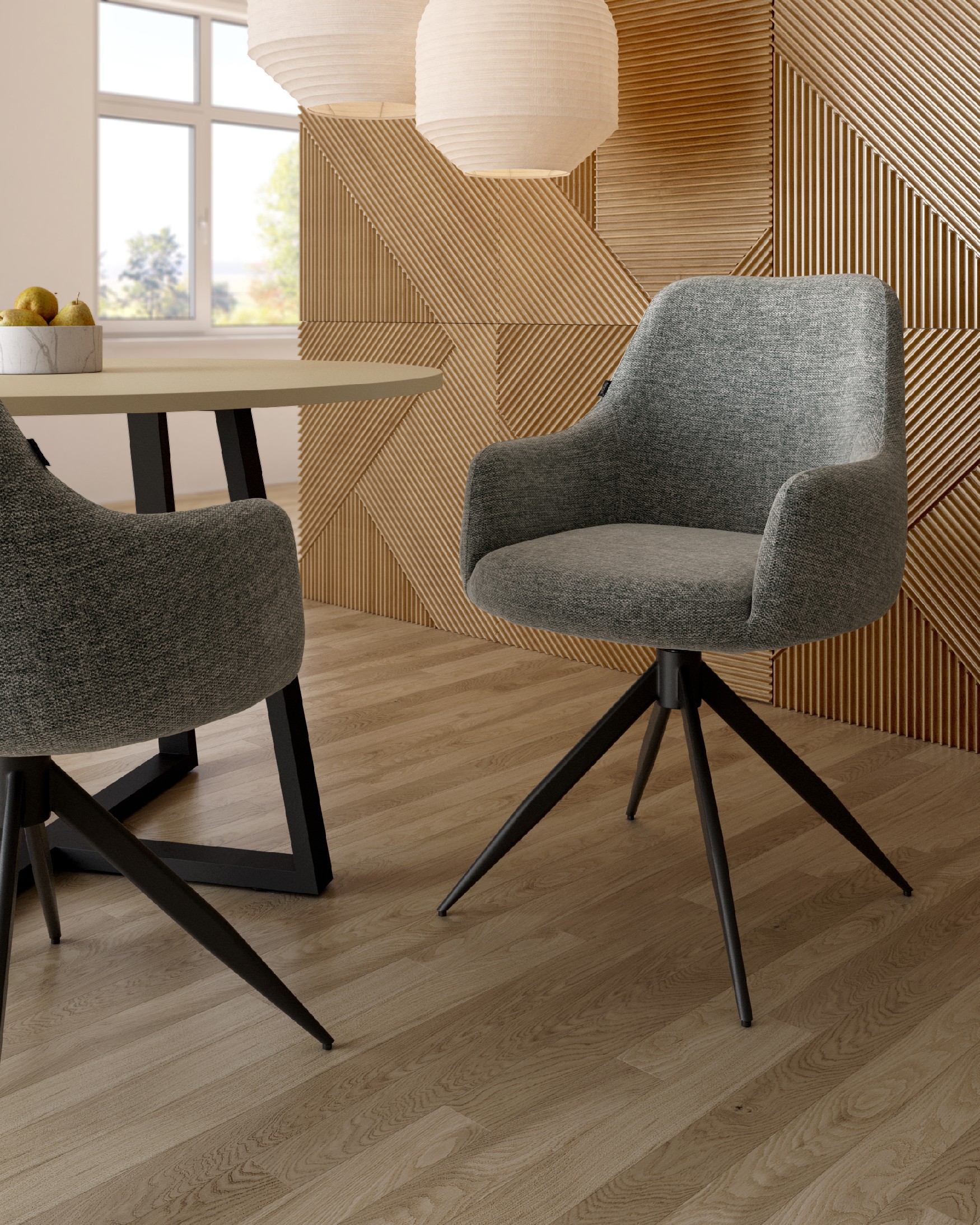 Montreal swivel chair 180º with return function, grey upholstery and black metal legs