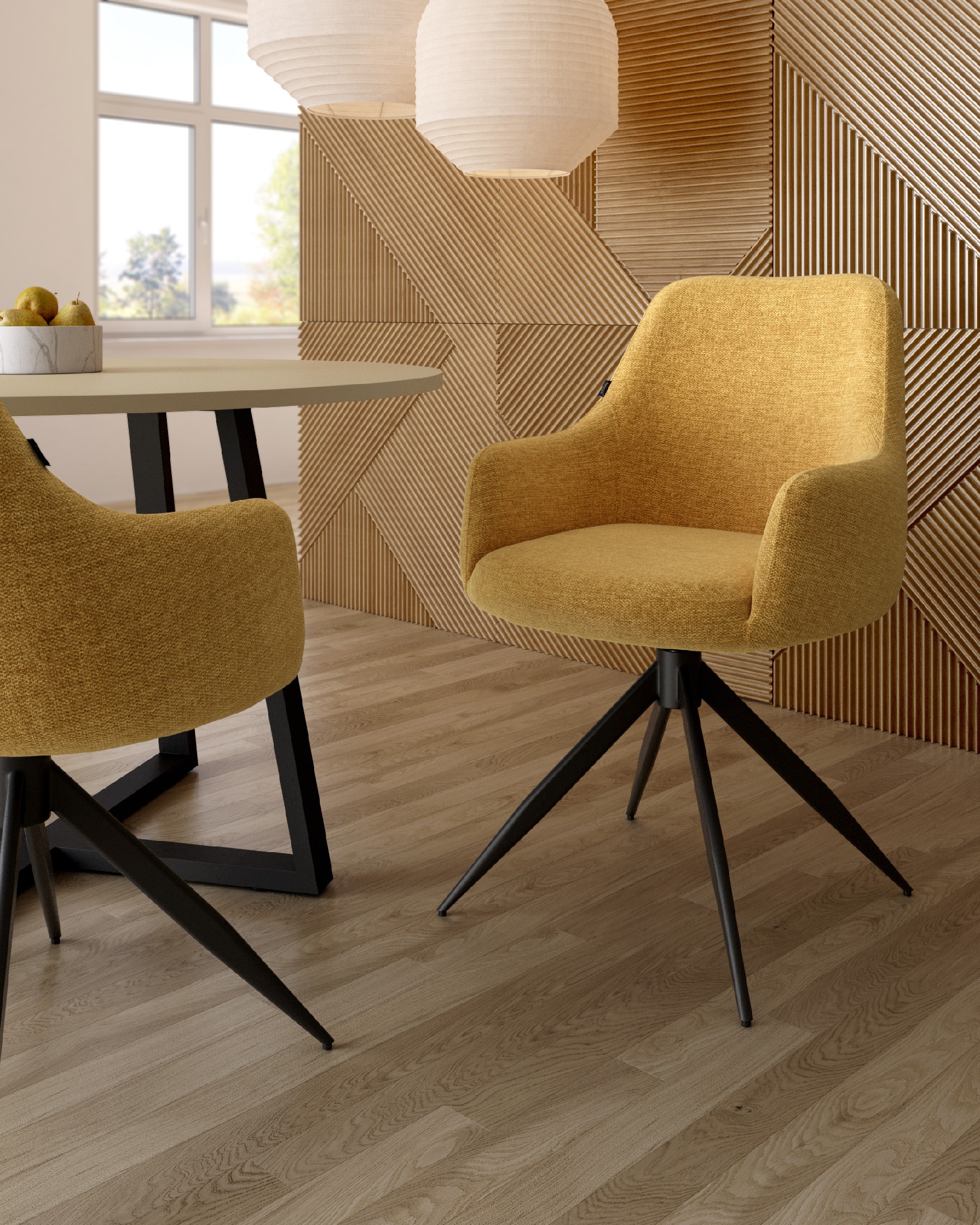 Montreal swivel chair 180º with return function, mustard upholstery, and black metal legs