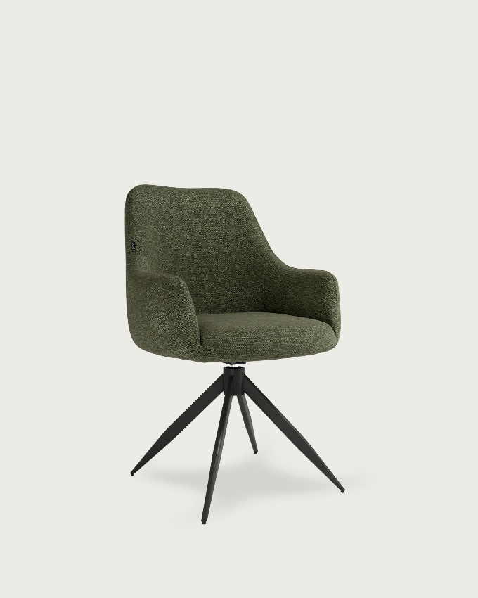 Montreal swivel chair 180º with return function, green upholstery, and black metal legs