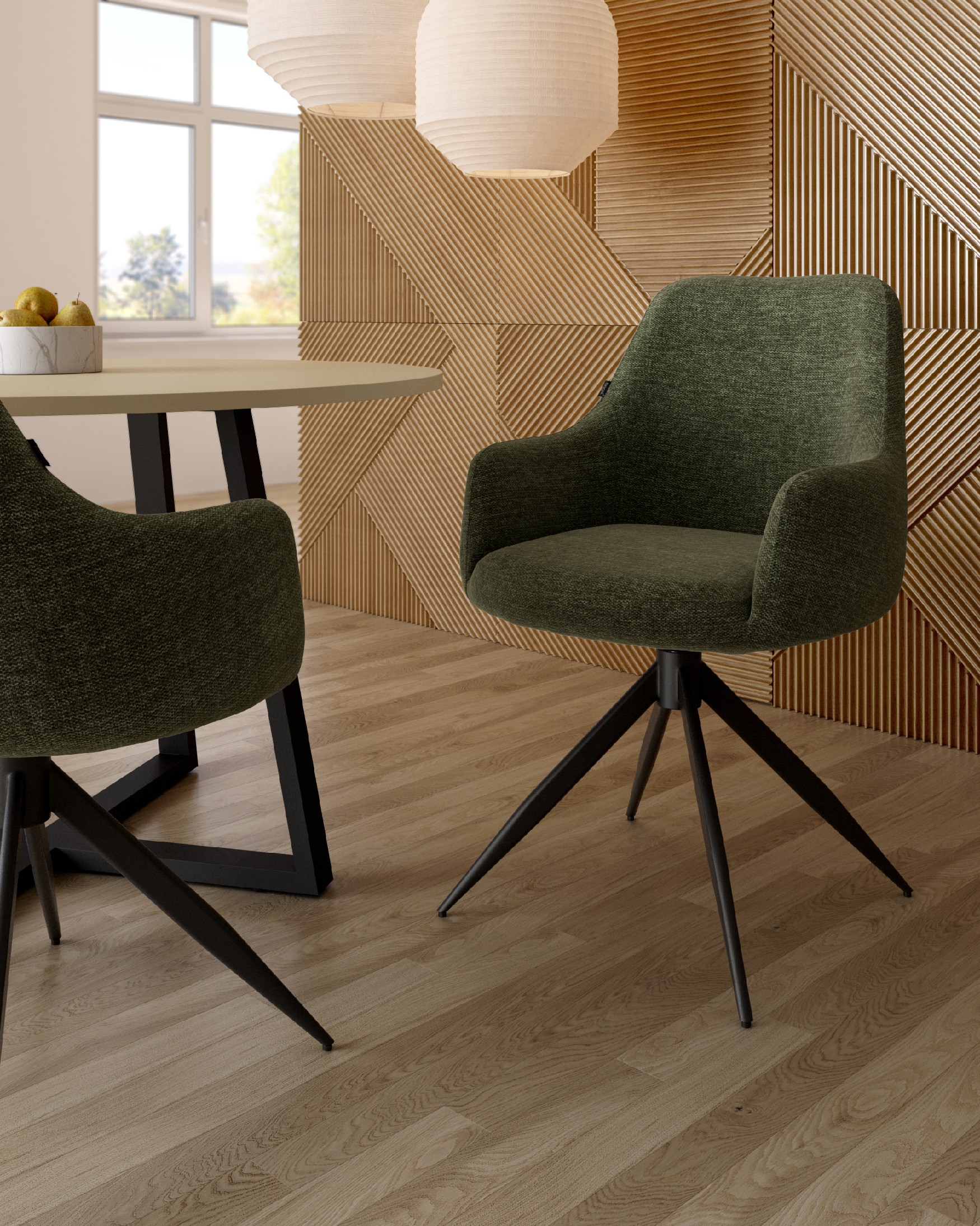Montreal swivel chair 180º with return function, green upholstery, and black metal legs