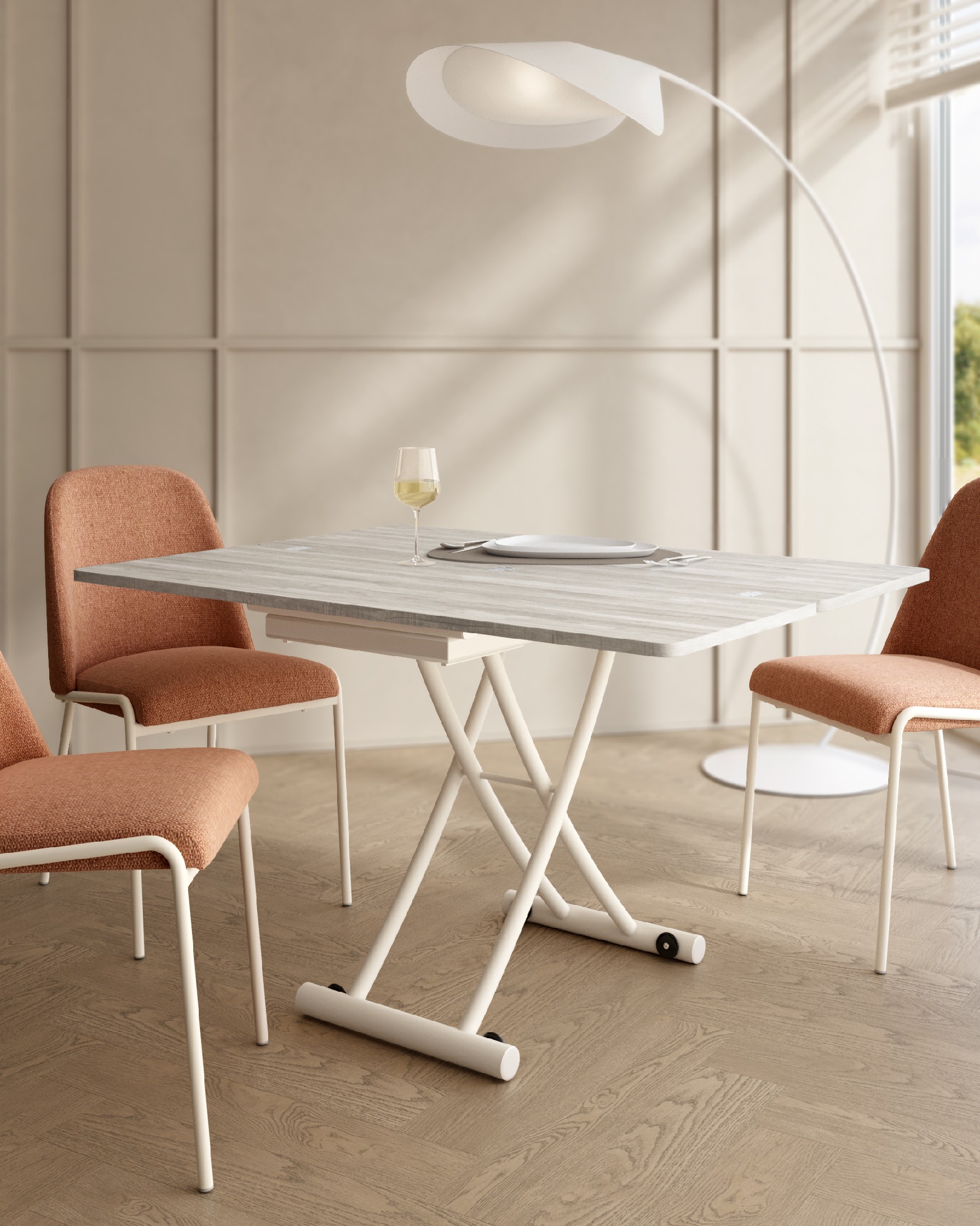 Morfeo liftable convertible table with artic melamine finish and ivory metal structure 45/90 x 120 cm