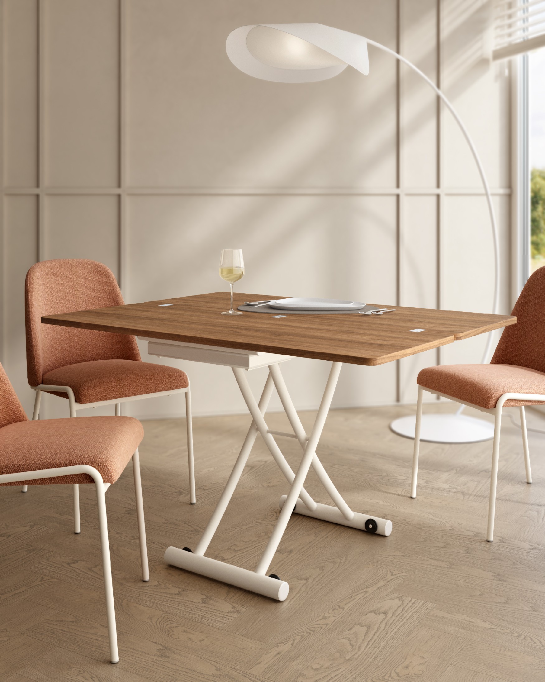Morfeo liftable convertible table with java melamine finish and ivory metal structure 45/90 x 120 cm