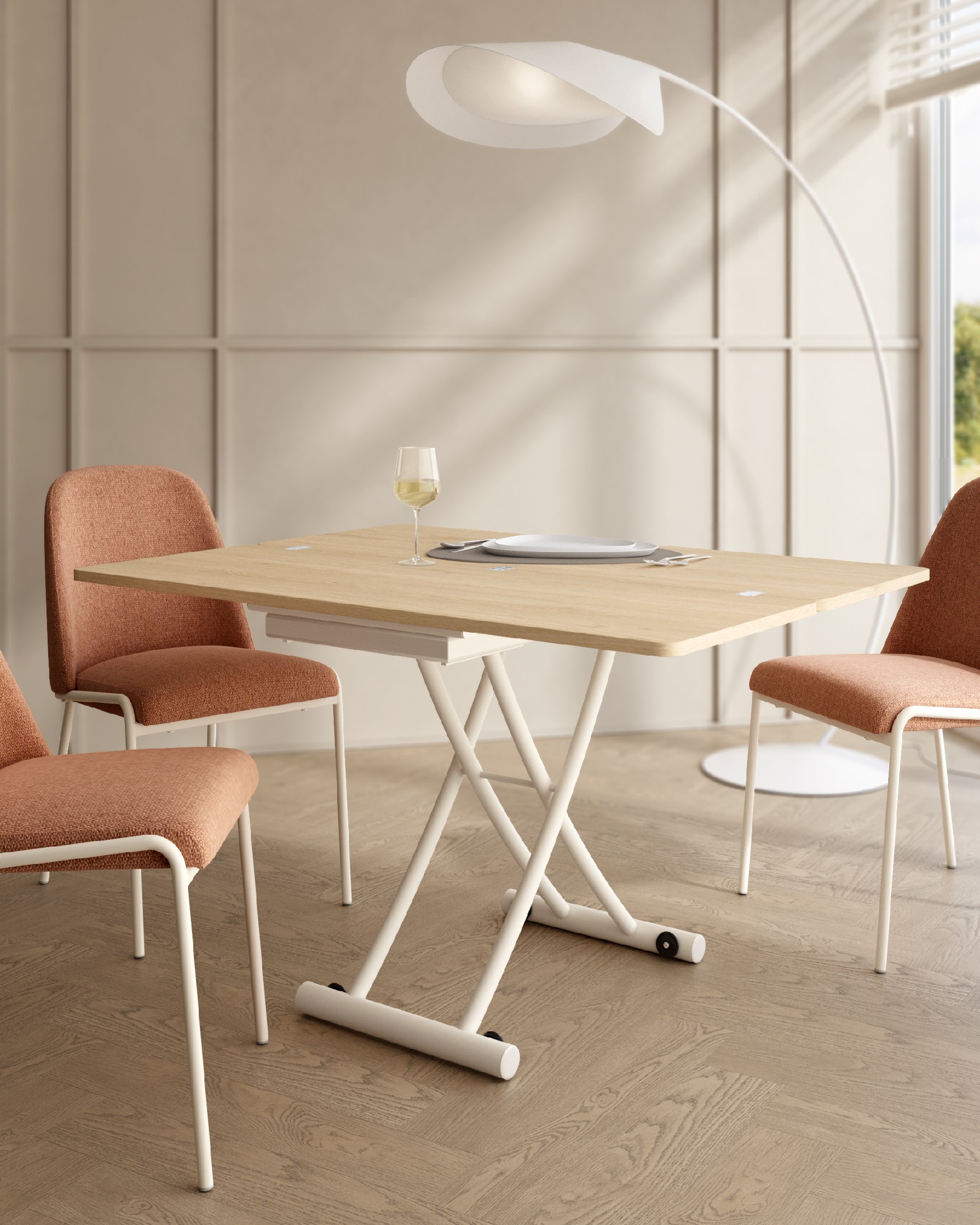 Mesa Morfeo elevable convertible con acabado de melamina roble natural y estructura metálica marfil 45/90 x 120 cm