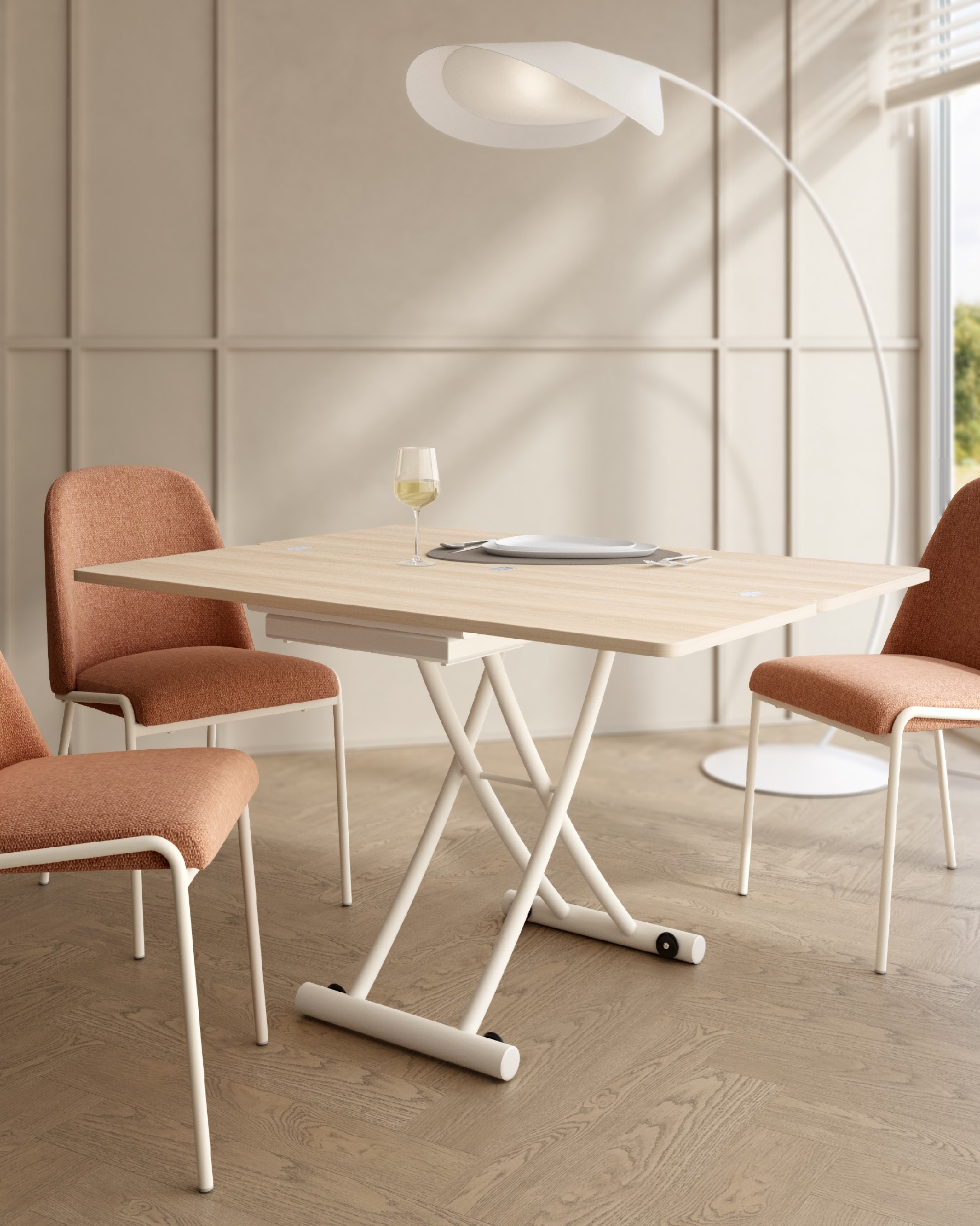 Table Morfeo elevable convertible avec finition en mélamine orme et structure métallique ivoire 45/90 x 120 cm