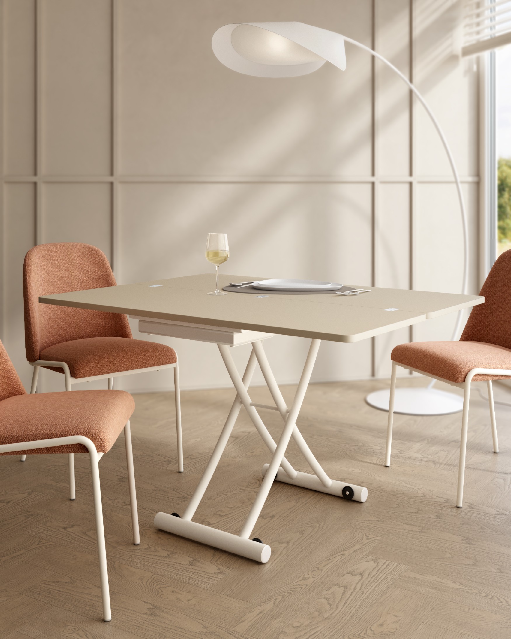 Mesa Morfeo elevable convertible con acabado de melamina perla y estructura metálica marfil 45/90 x 120 cm