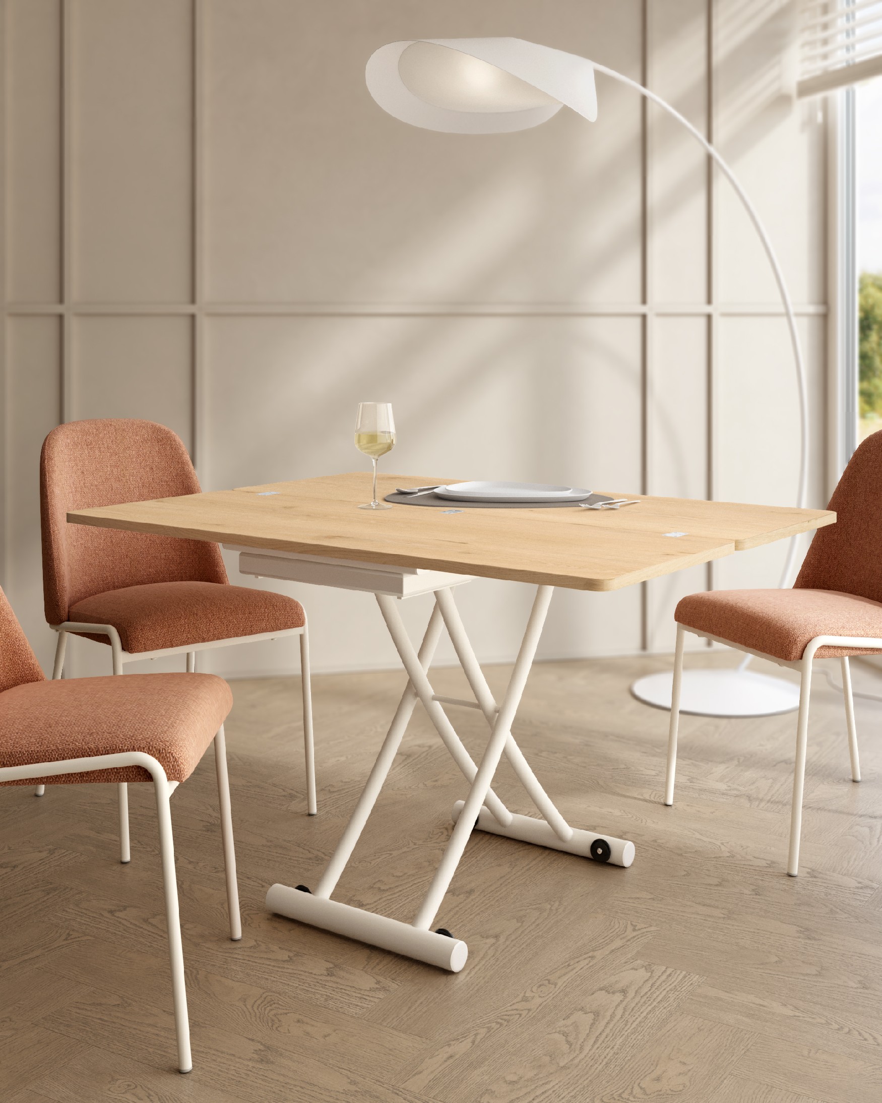 Morfeo liftable convertible table with colonial oak melamine finish and ivory metal structure 45/90 x 120 cm