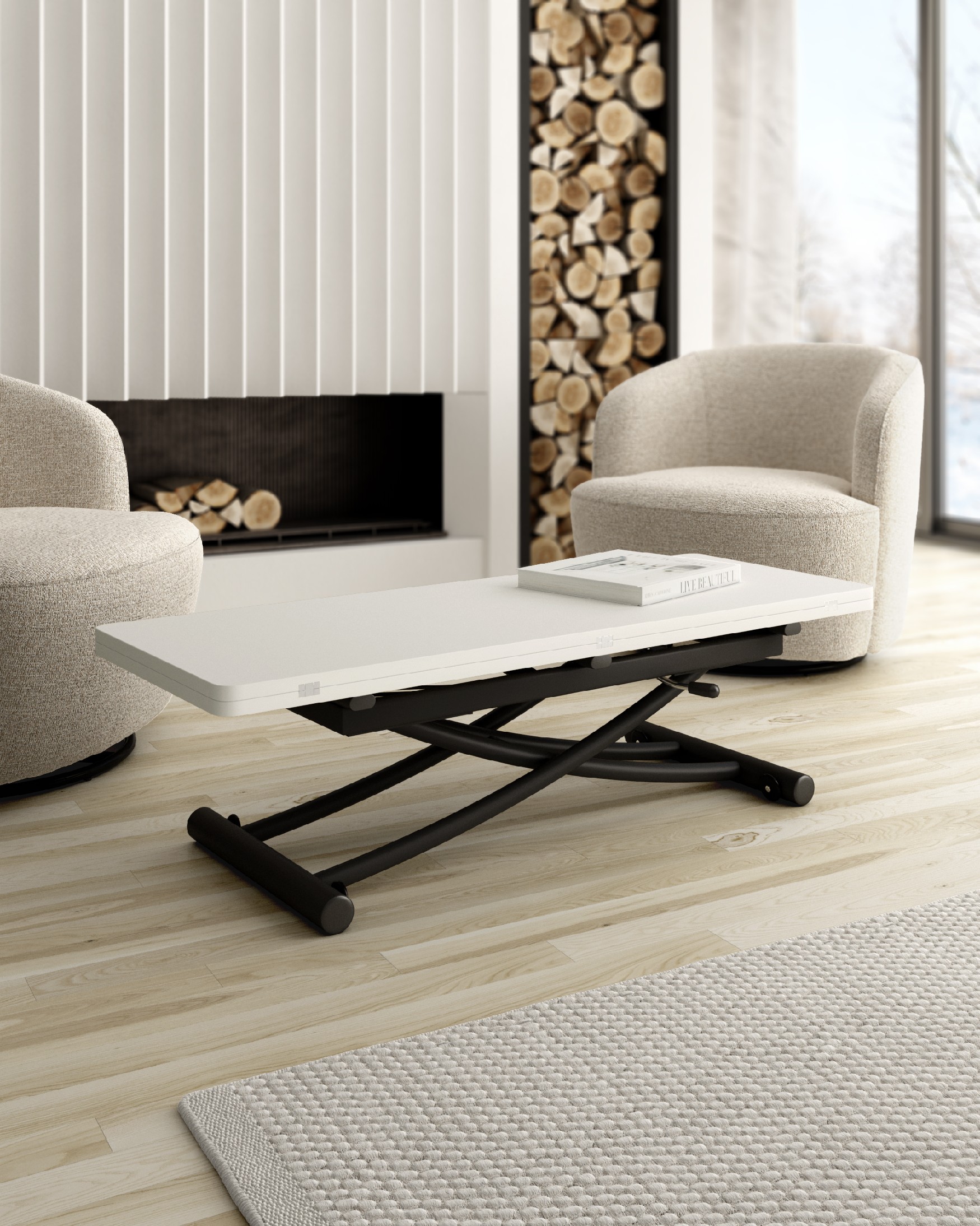 Morfeo liftable convertible table with white melamine finish and black ...
