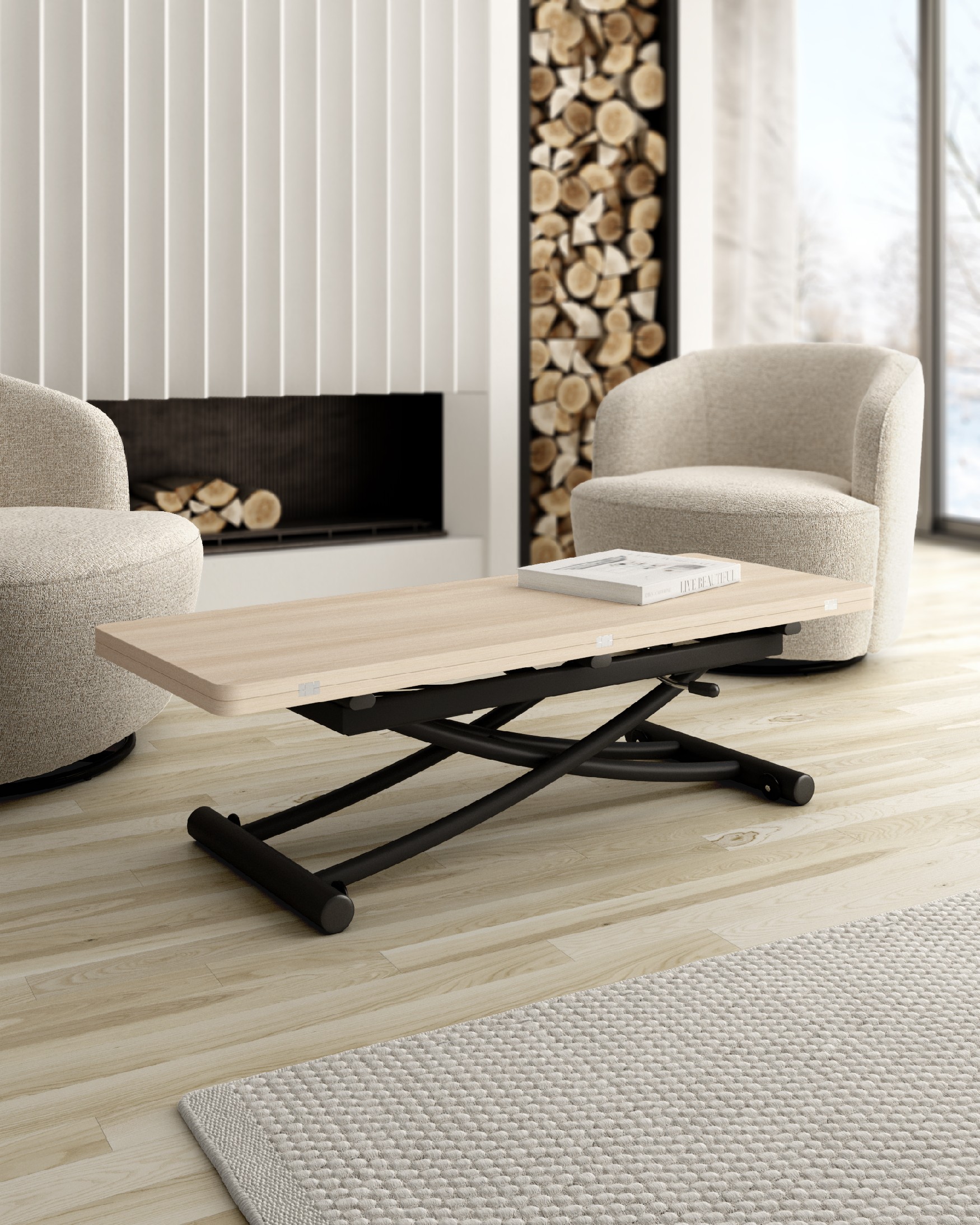 Table Morfeo elevable convertible avec finition en mélamine orme et structure métallique noire 45/90 x 120 cm