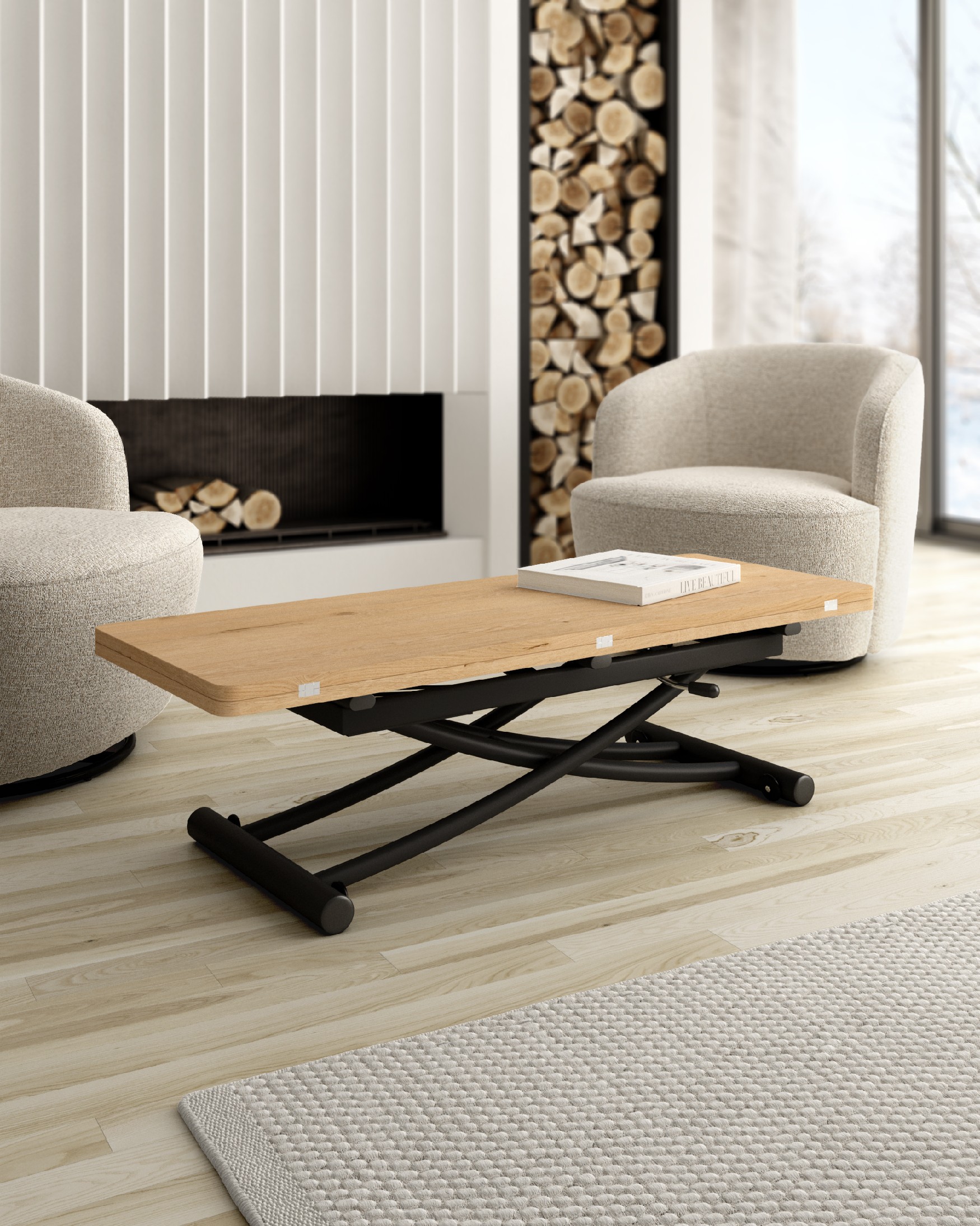 Table Morfeo elevable convertible avec finition en mélamine chêne colonial et structure métallique noire 45/90 x 120 cm