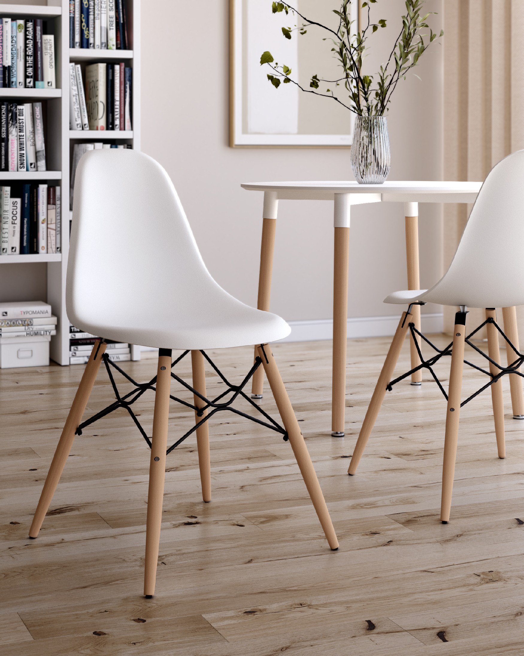Silla Munich con patas de madera y asiento blanco