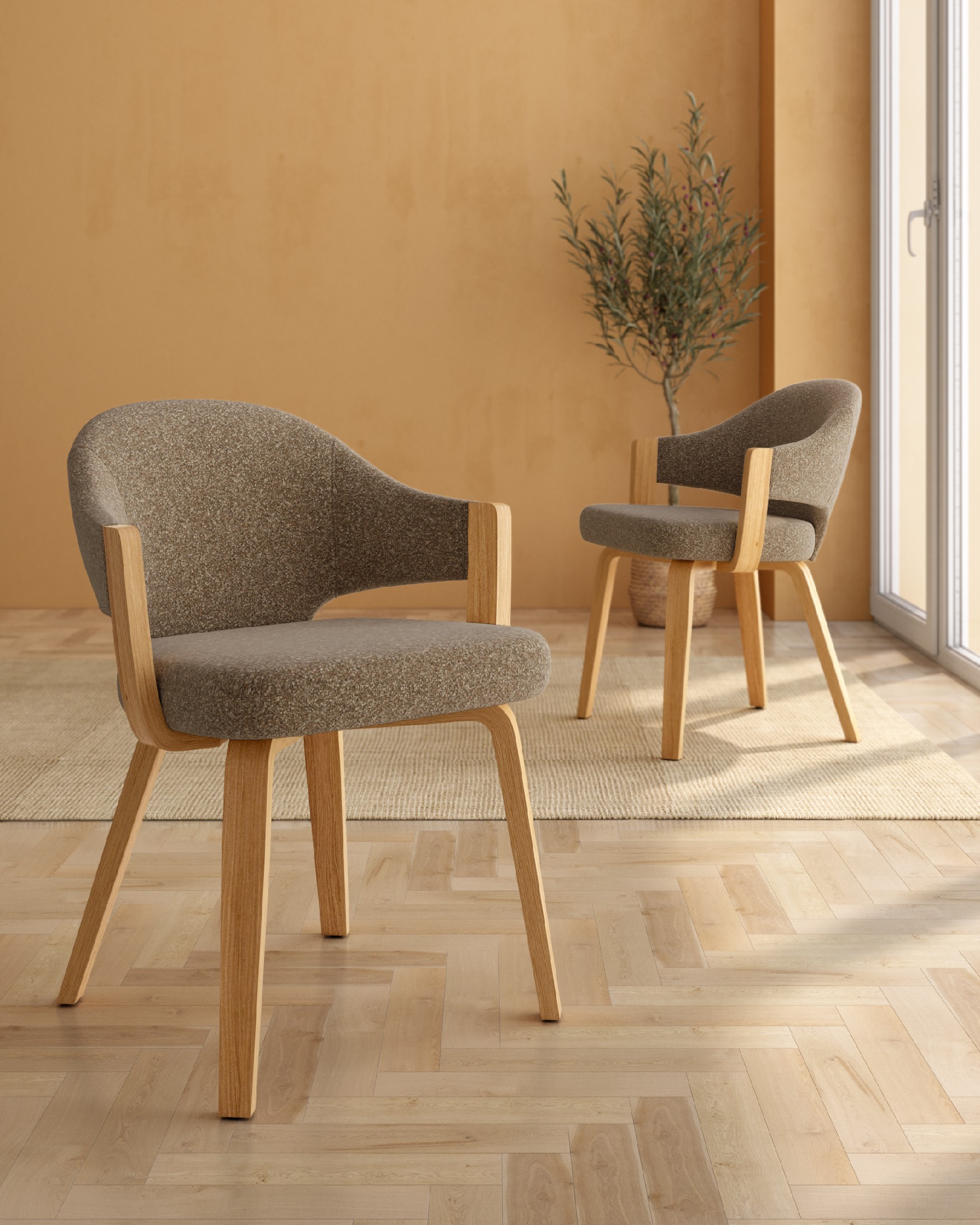 Nami chair with wooden structure and brown upholstery