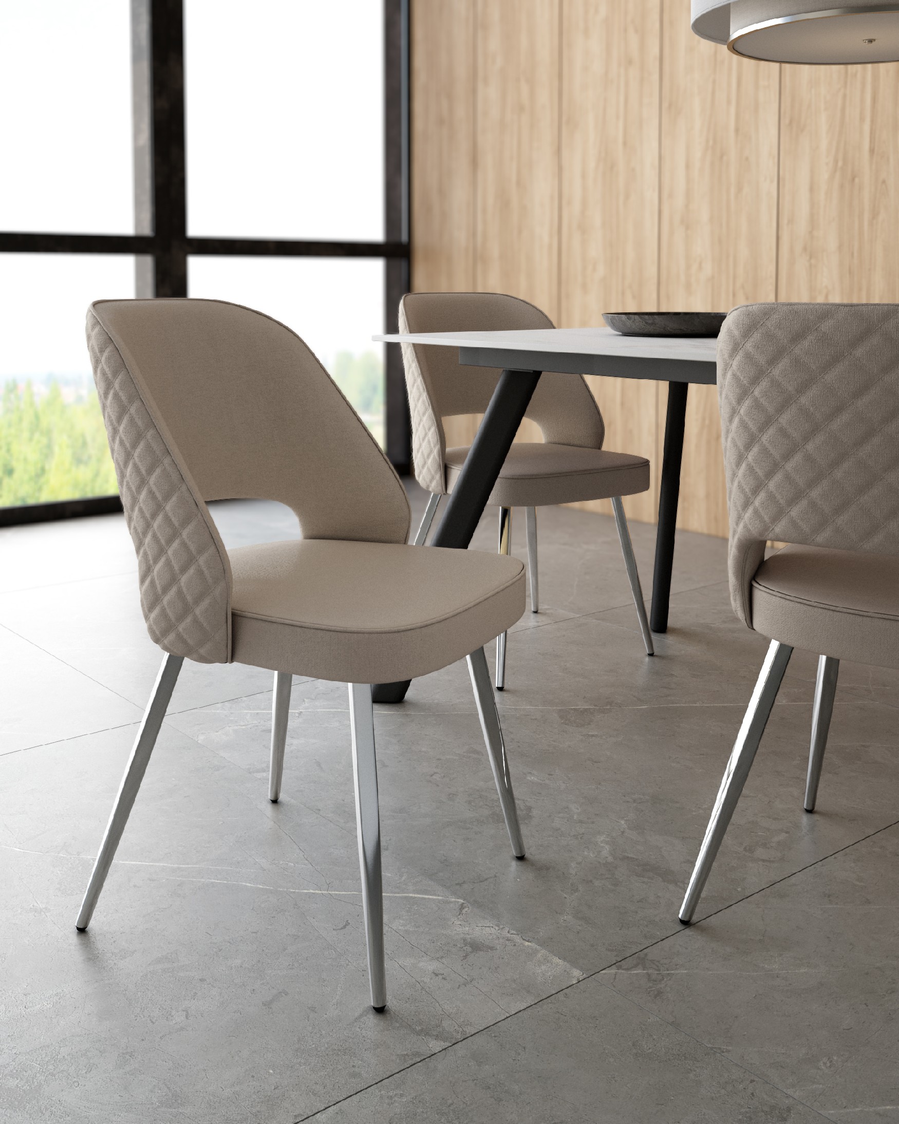 Naples chair with pearl upholstery and chrome legs