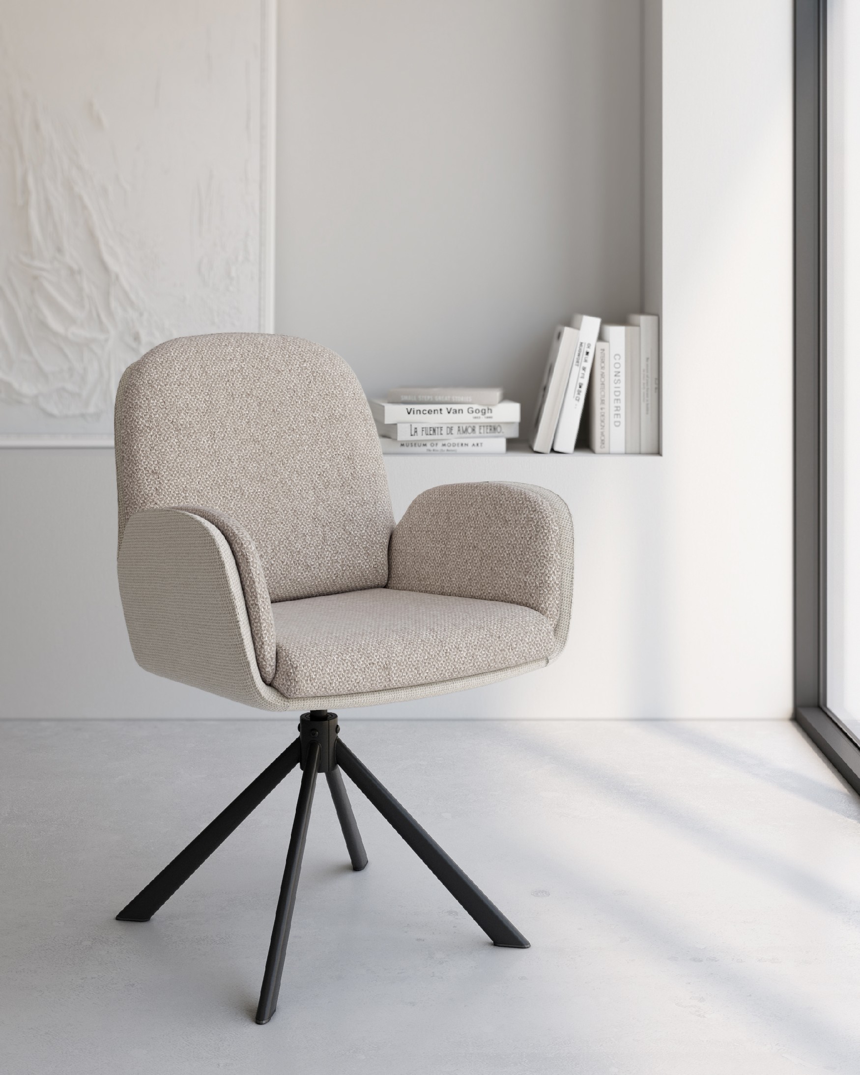 Chair Natal swivel 360º with pearl and brown upholstery and black metal legs