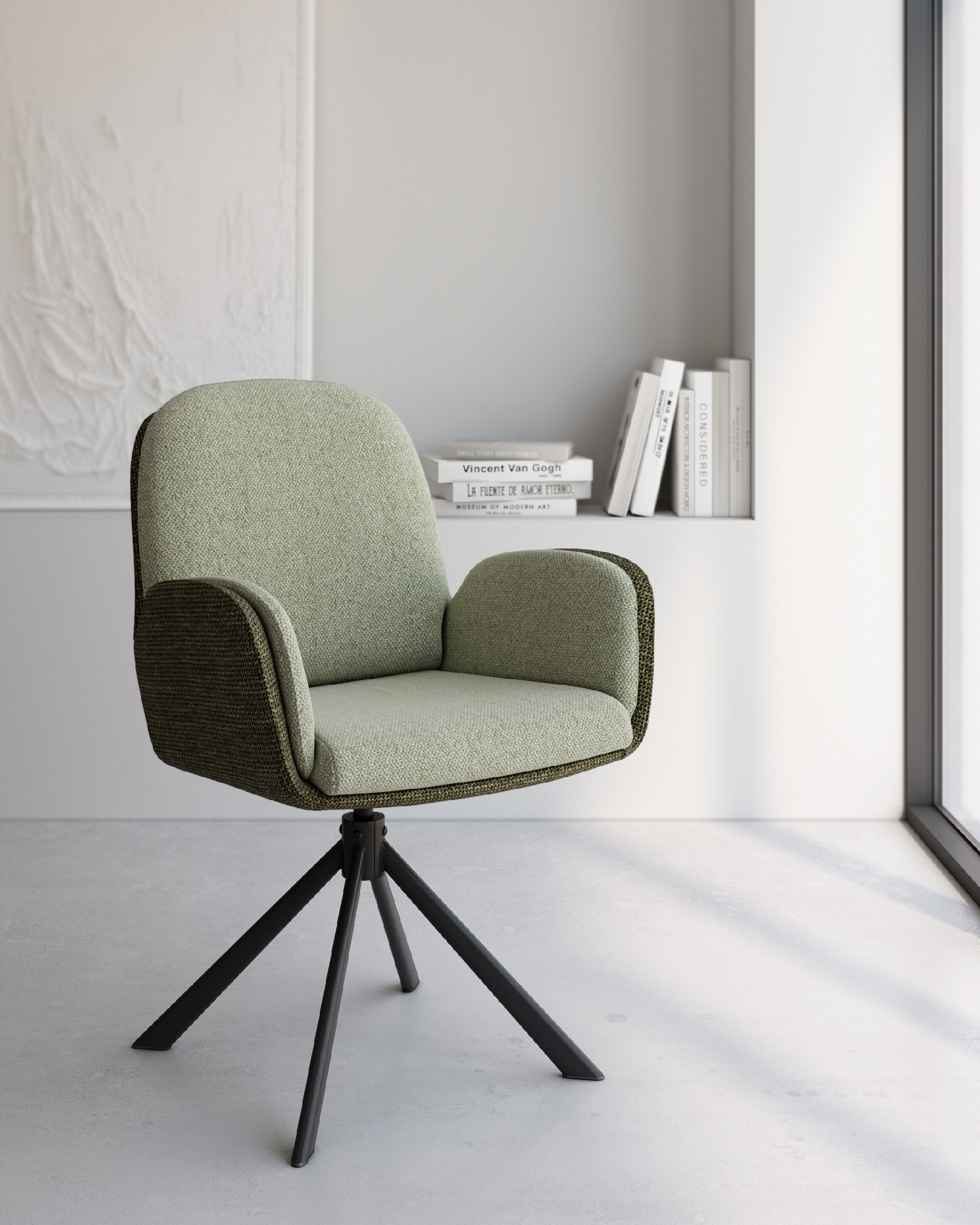 Chaise Natal pivotante 360º avec tapisserie verte et verte et pieds métalliques noirs