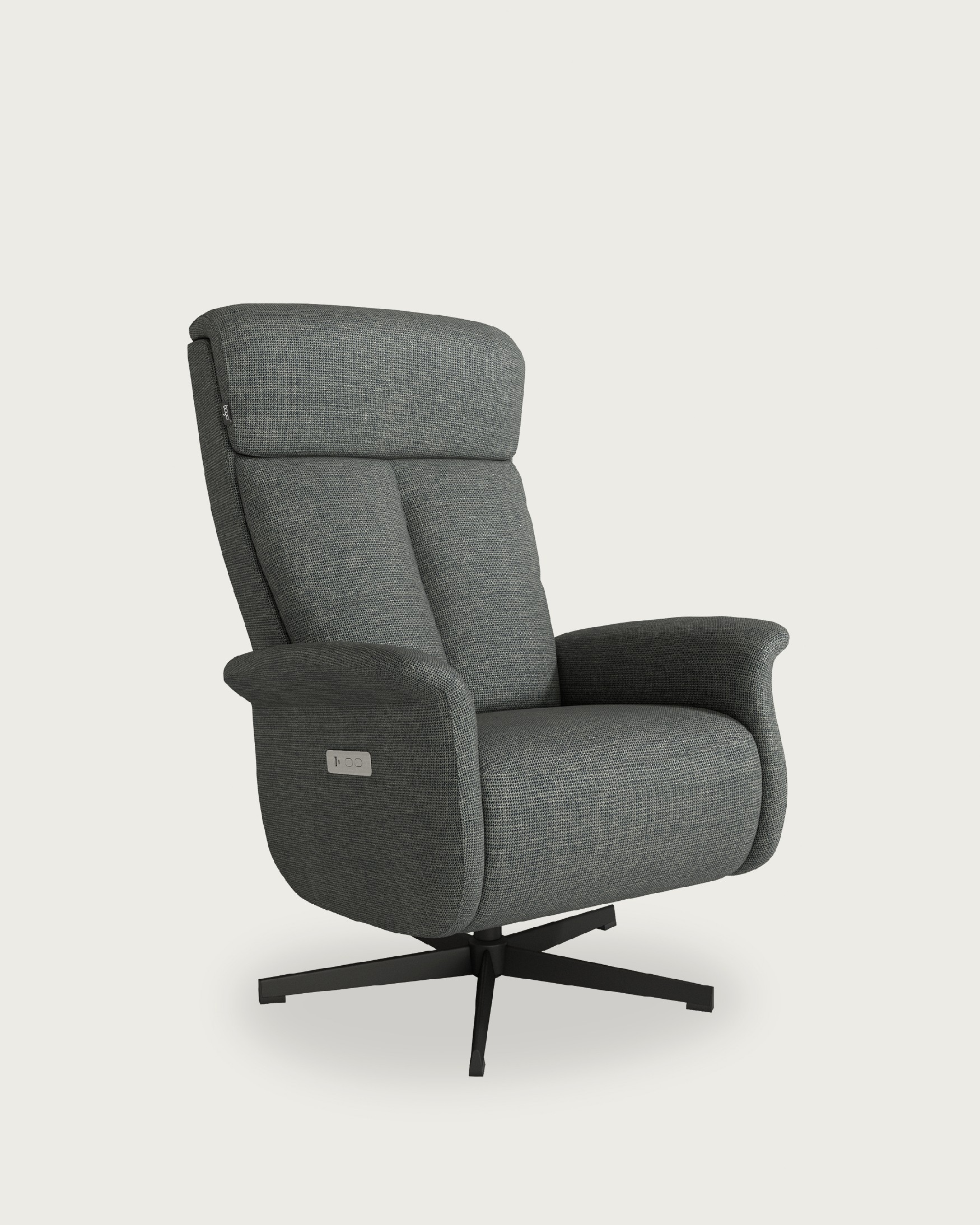 Nely electric swivel recliner with gray upholstery and black metal base