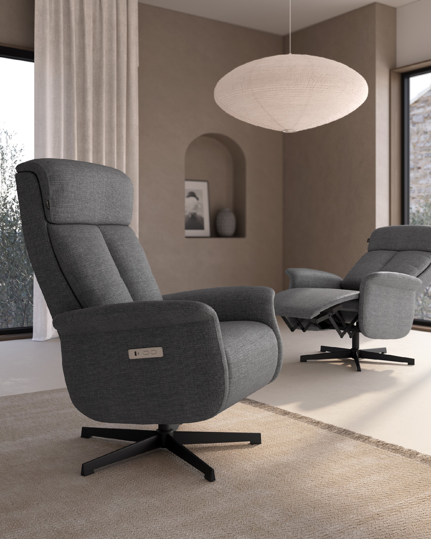 Nely electric swivel recliner with gray upholstery and black metal base