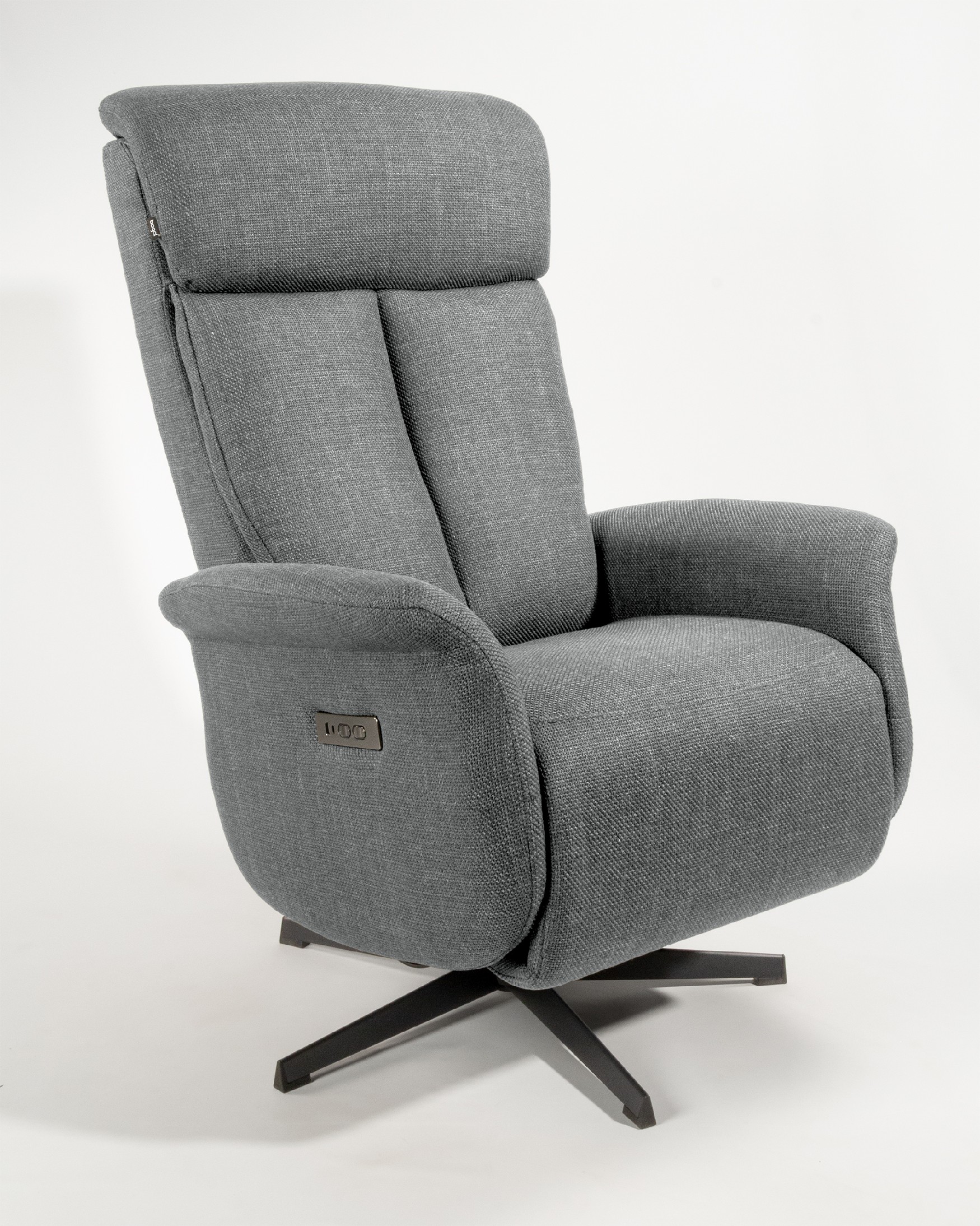 Nely electric swivel recliner with gray upholstery and black metal base