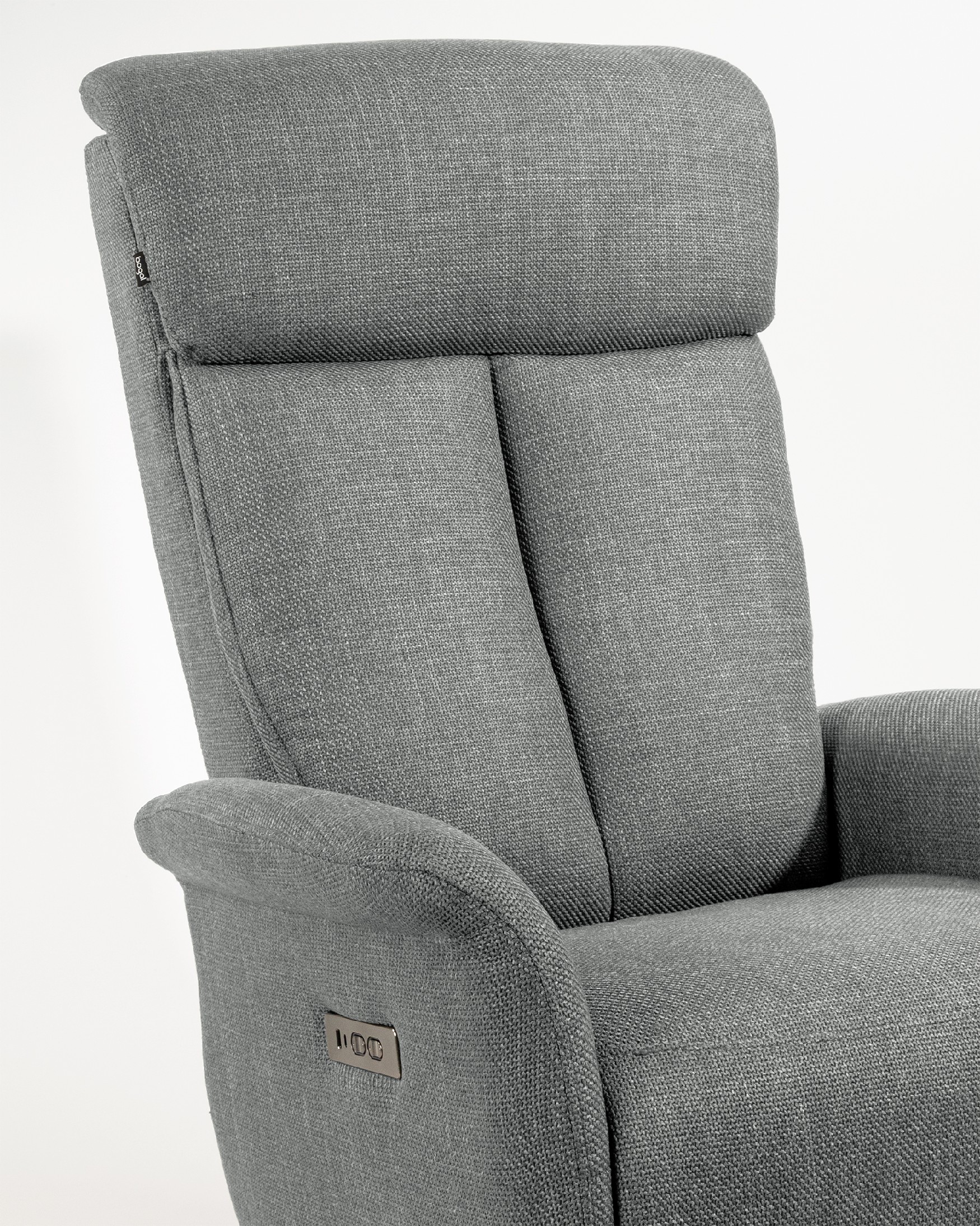 Nely electric swivel recliner with gray upholstery and black metal base