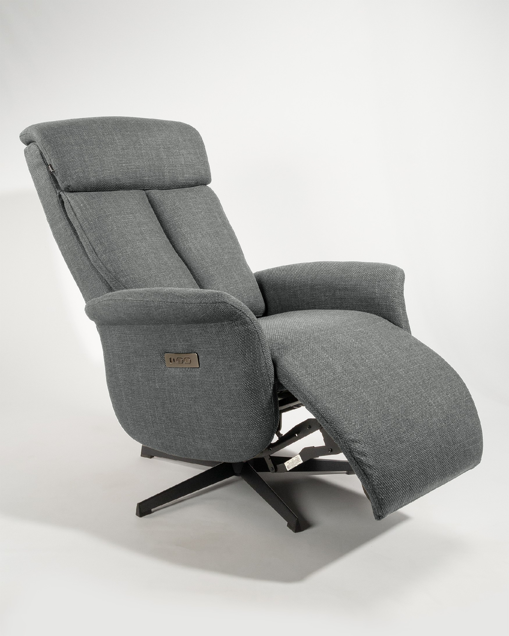 Nely electric swivel recliner with gray upholstery and black metal base