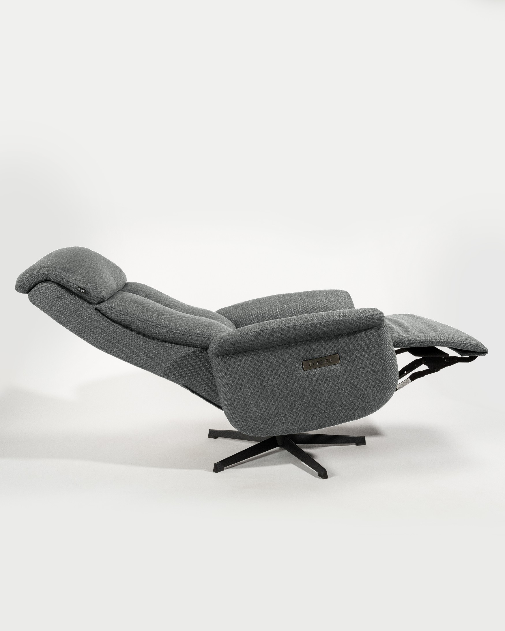 Nely electric swivel recliner with gray upholstery and black metal base