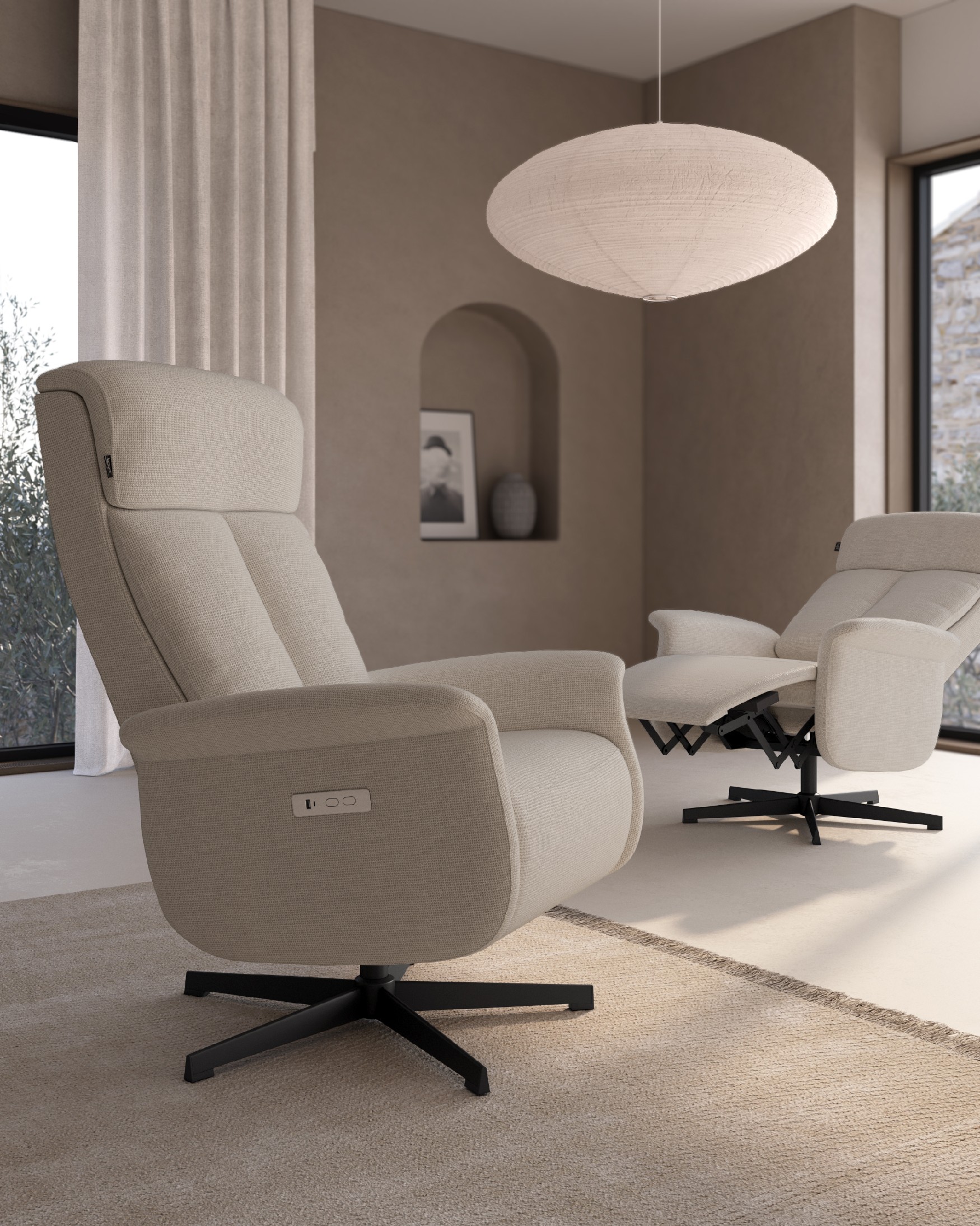 Nely electric swivel recliner with pearl upholstery and black metal base