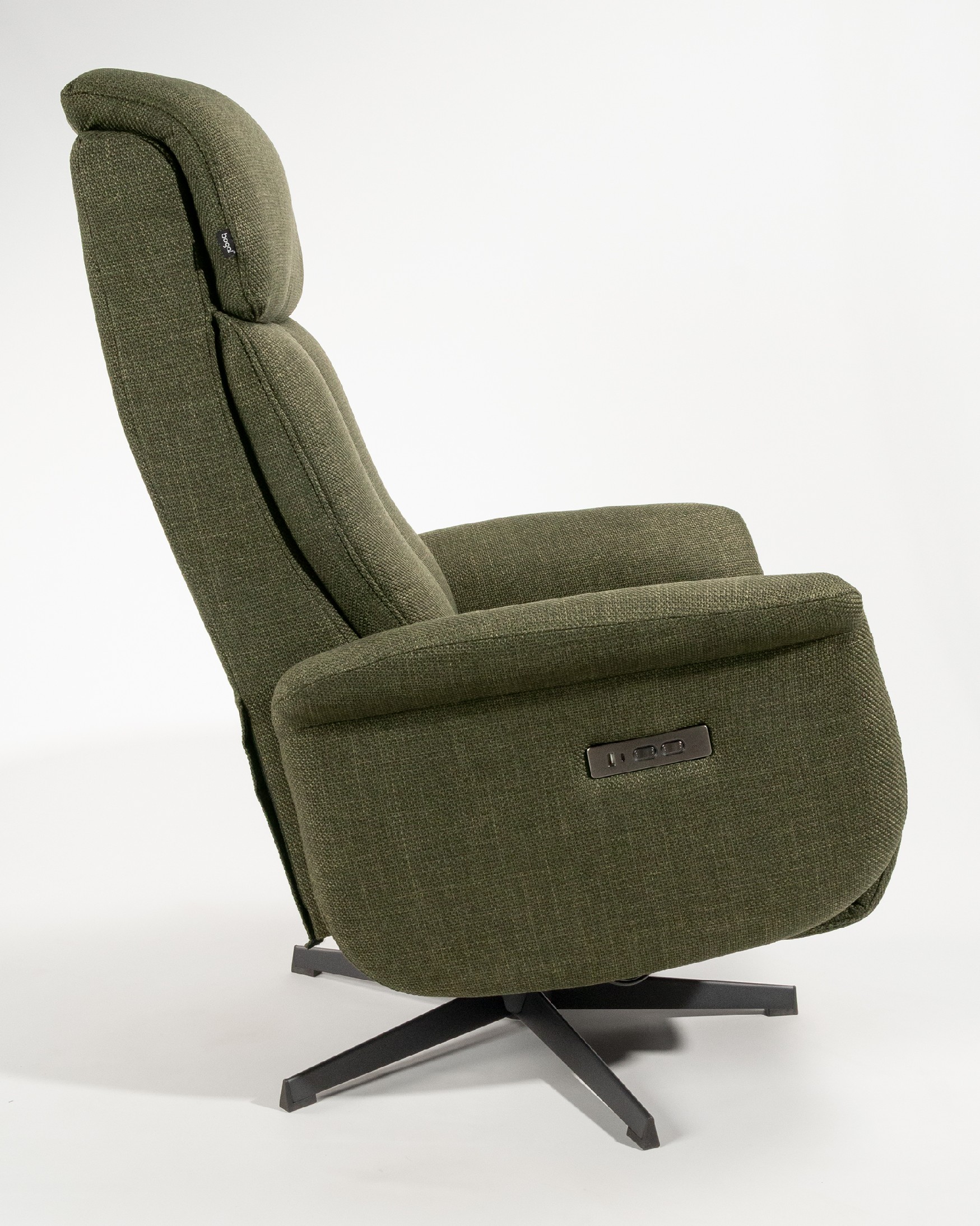 Nely electric rotating relax armchair with green upholstery and black metal leg