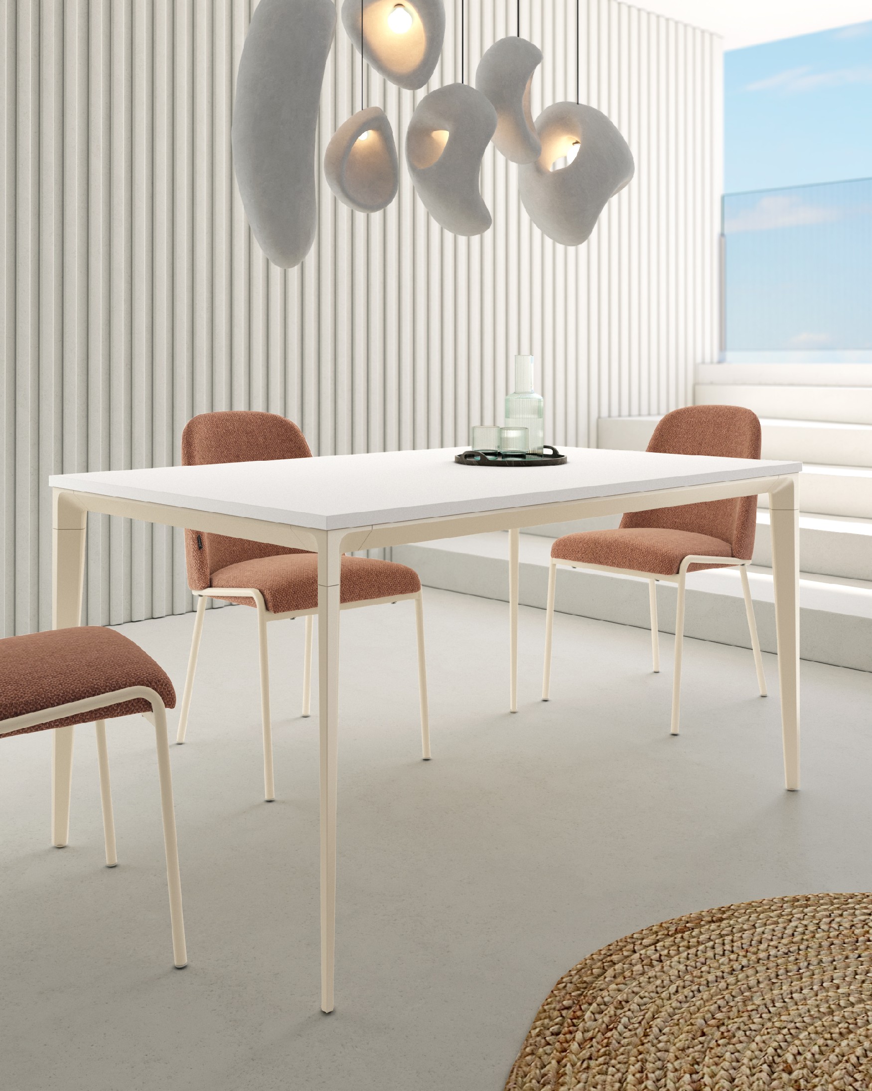 Table Ness avec plateau en mélamine blanc extra et pied métallique ivoire 160 x 90 cm