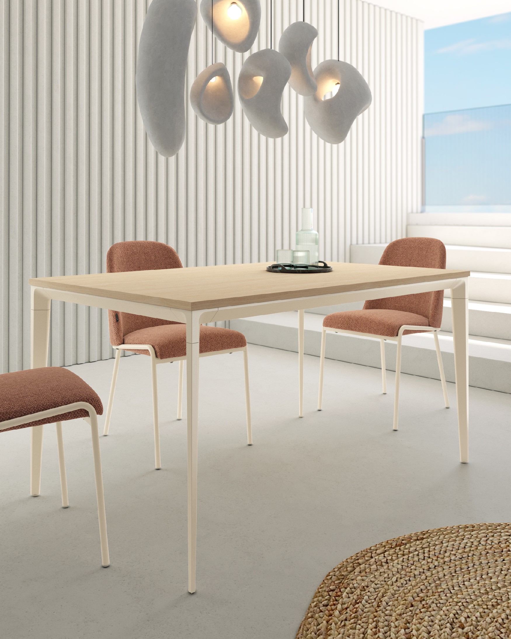 Table Ness avec plateau en mélamine alpin et pied en métal ivoire 120 x 80 cm