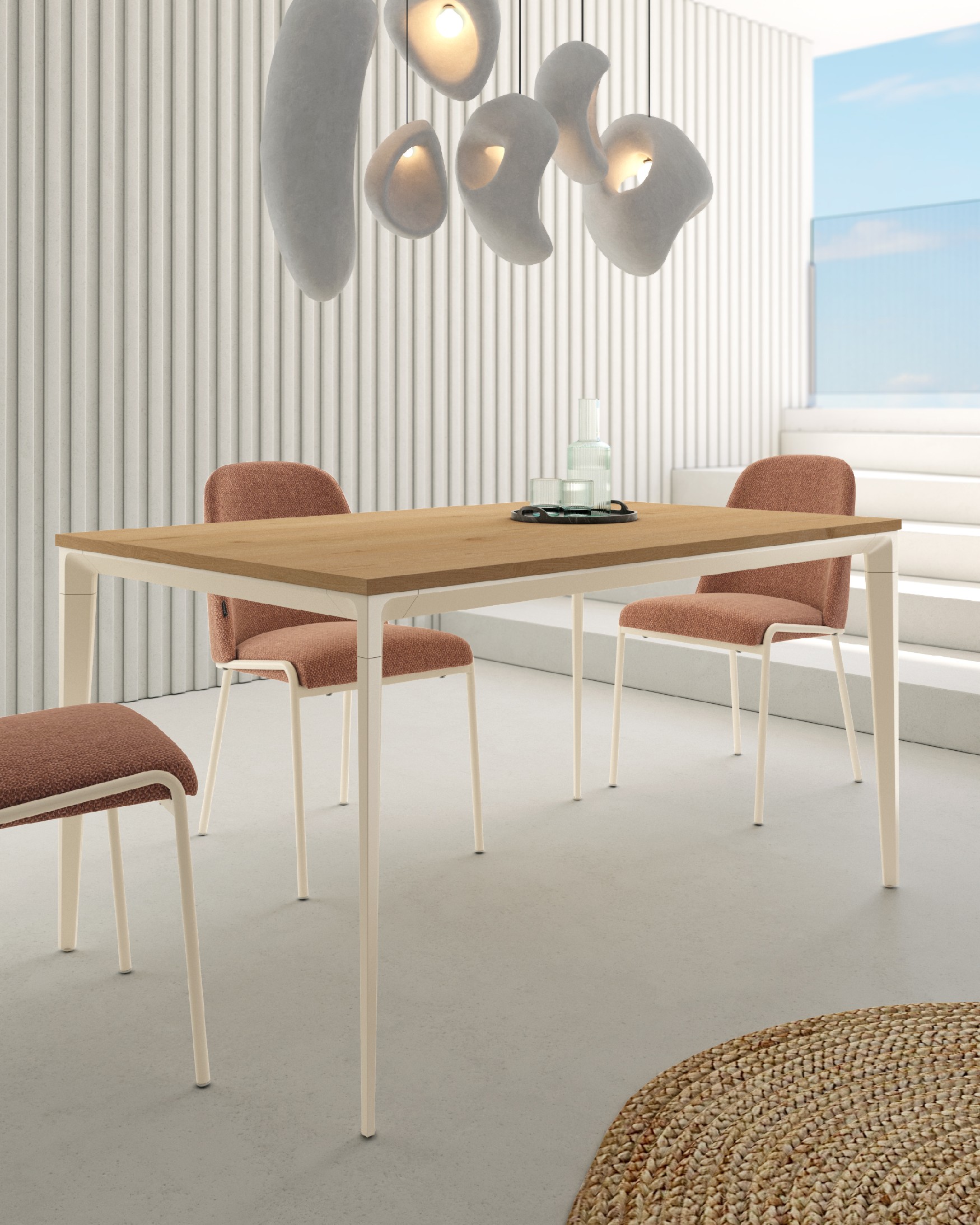 Ness table with oak melamine top and ivory metal leg 160 x 90 cm